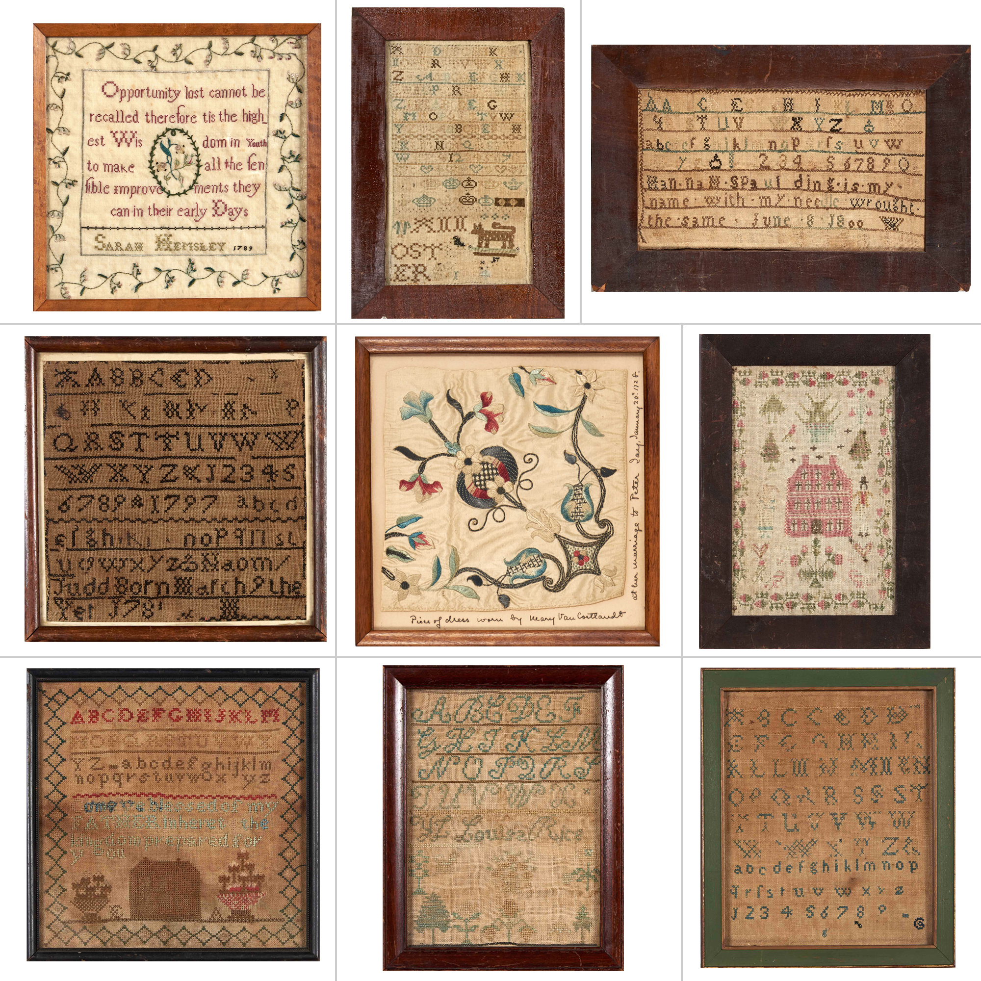 Lot image - Group of Eight Framed Needlework Samplers