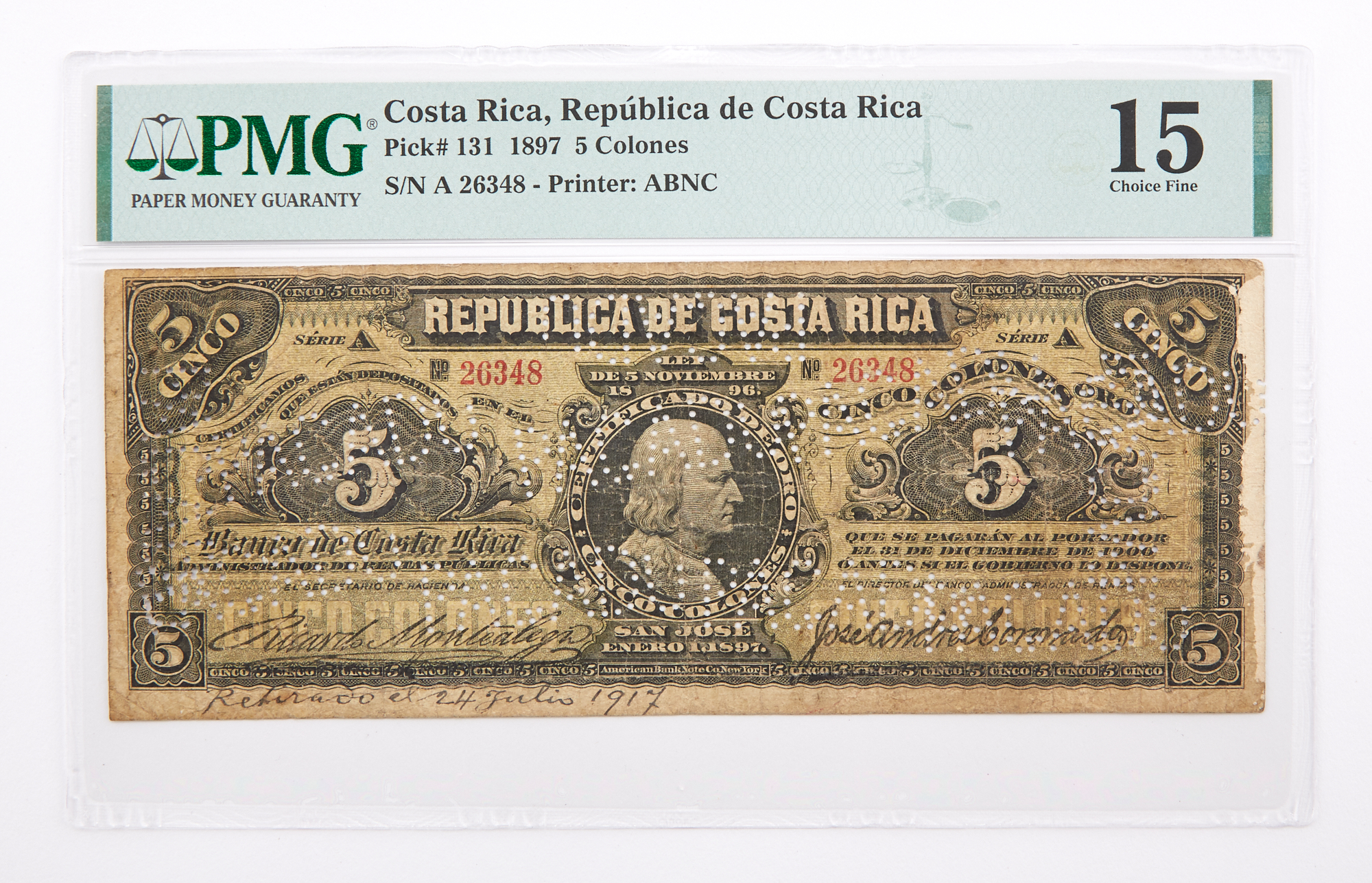 Lot image - Costa Rica, Republica de Costa Rica 1897 Cinco Colones Oro Pick# 131 NGC 15