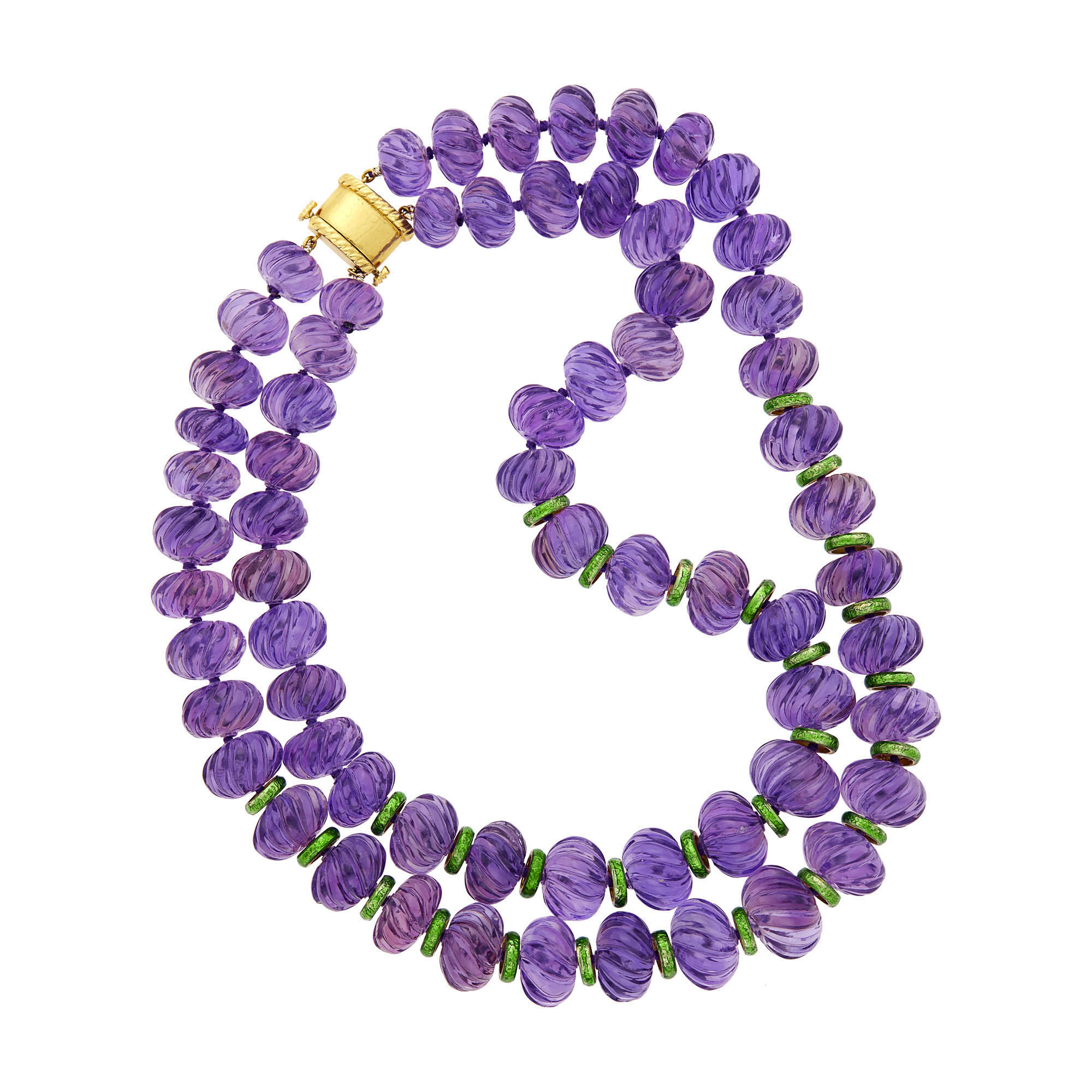 Lot image - David Webb Double Strand Fluted Amethyst Bead and Green Enamel Necklace