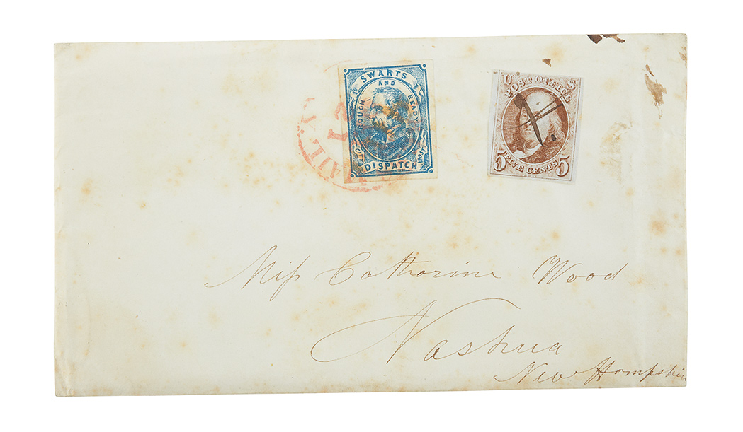 Lot image - United States 1847 5 Cents with Swarts City Dispatch Local on Cover, Scott 1 and 137L8
