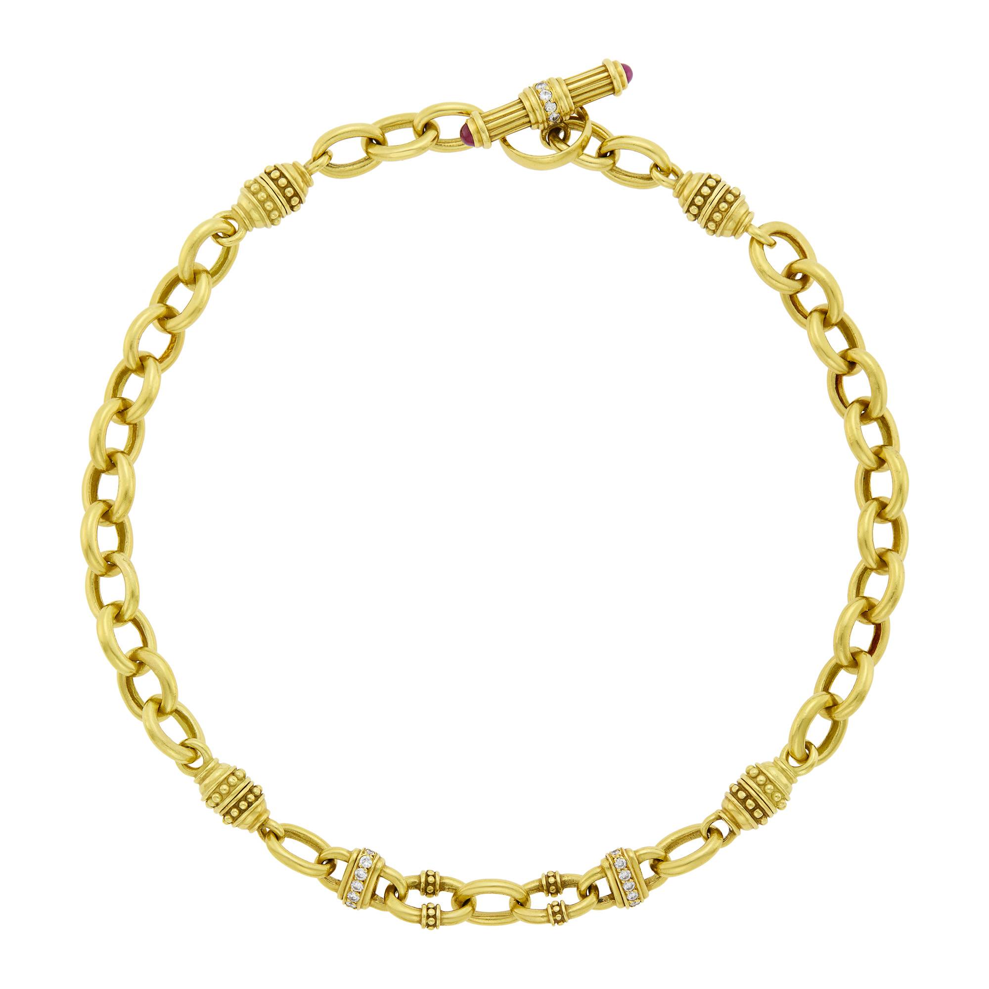 Lot image - Judith Ripka Gold, Cabochon Ruby and Diamond Chain Toggle Necklace