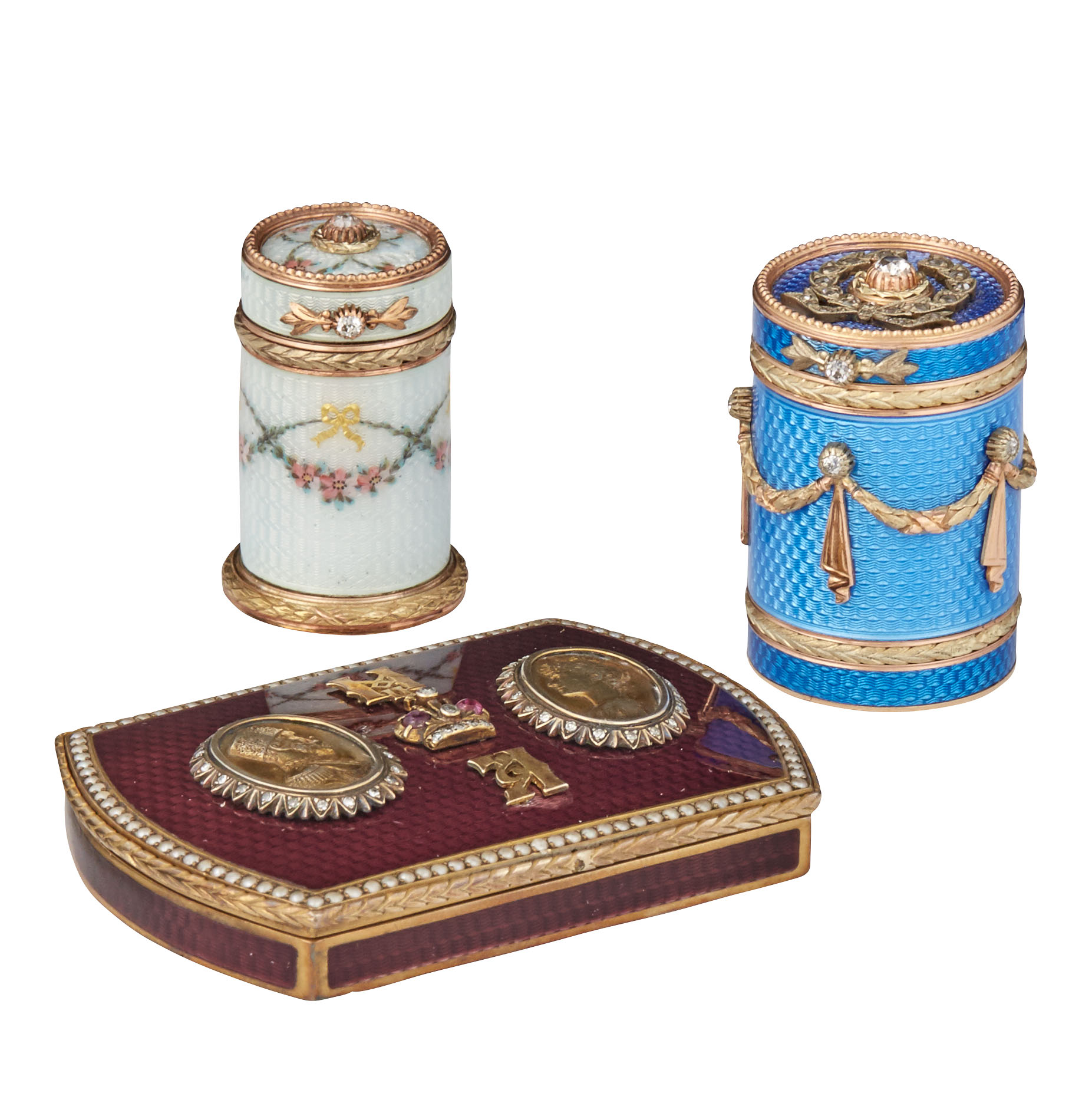 Lot image - Group of Three Fabergé Style Gold and Enamel Articles