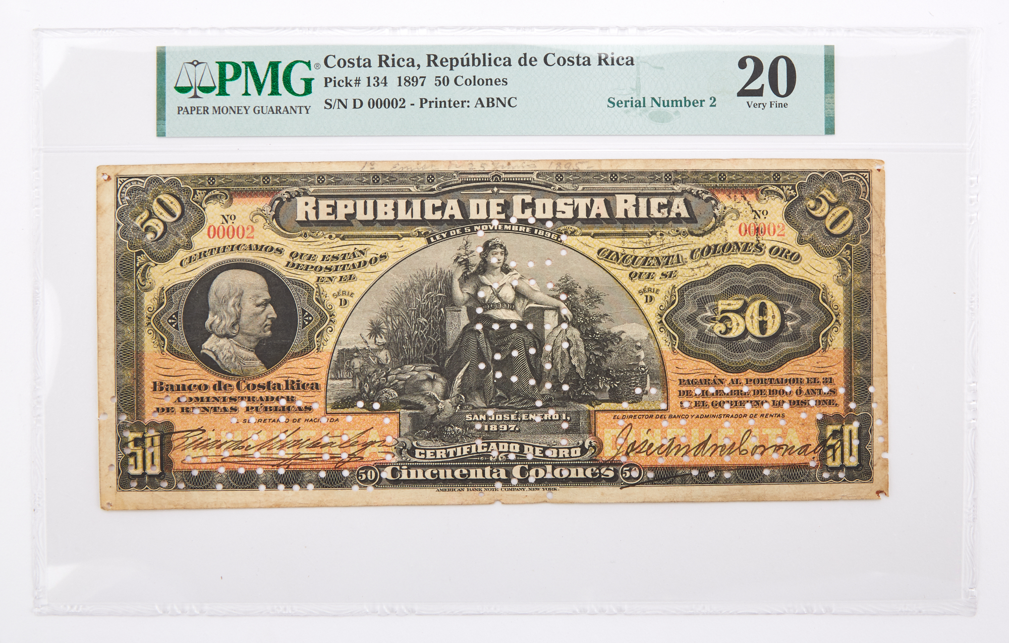 Lot image - Costa Rica, Republica de Costa Rica 1897 Cincuenta Colones Oro Cancelled Note Pick# 134 PMG 20