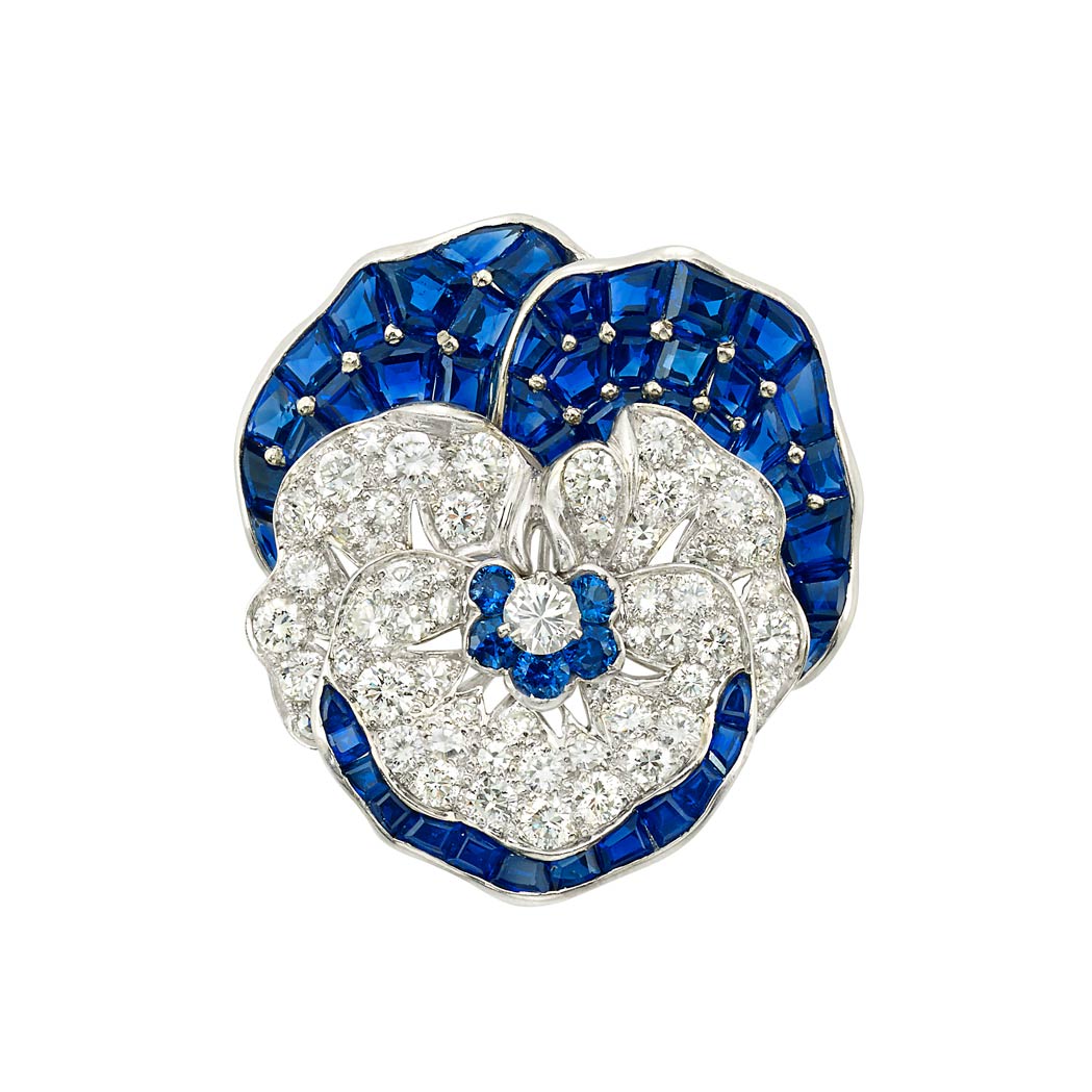 Lot image - Platinum, Diamond and Sapphire Pansy Pin, by Oscar Heyman Brothers