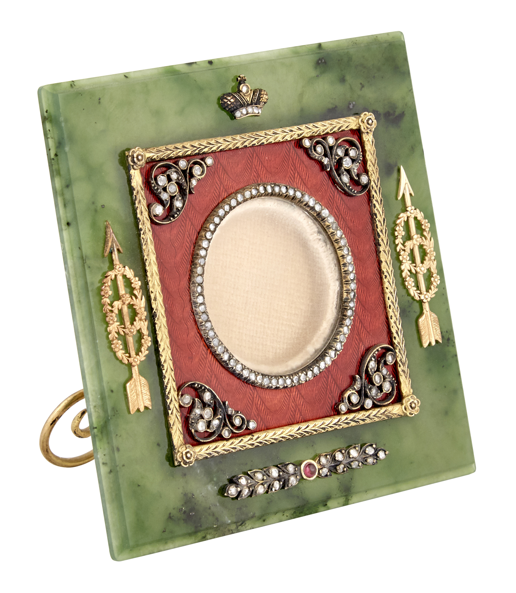 Lot image - Fabergé Style Jeweled Silver-Gilt, Guilloché Enamel and Nephrite Photograph Frame