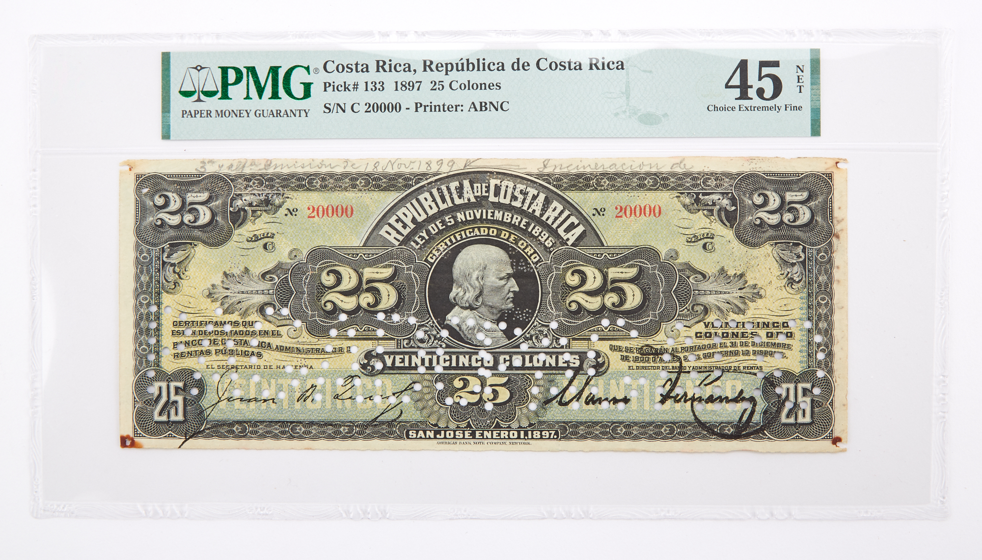 Lot image - Costa Rica, Republica de Costa Rica 1897 Veinticinco Colones Cancelled Note Pick# 135 NGC 45