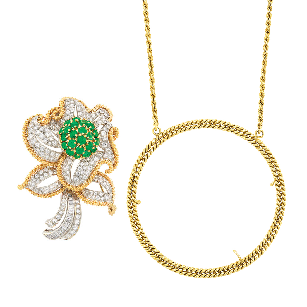 Lot image - Platinum, Gold, Emerald and Diamond Flower Brooch, France, and Gold Pendant-Necklace