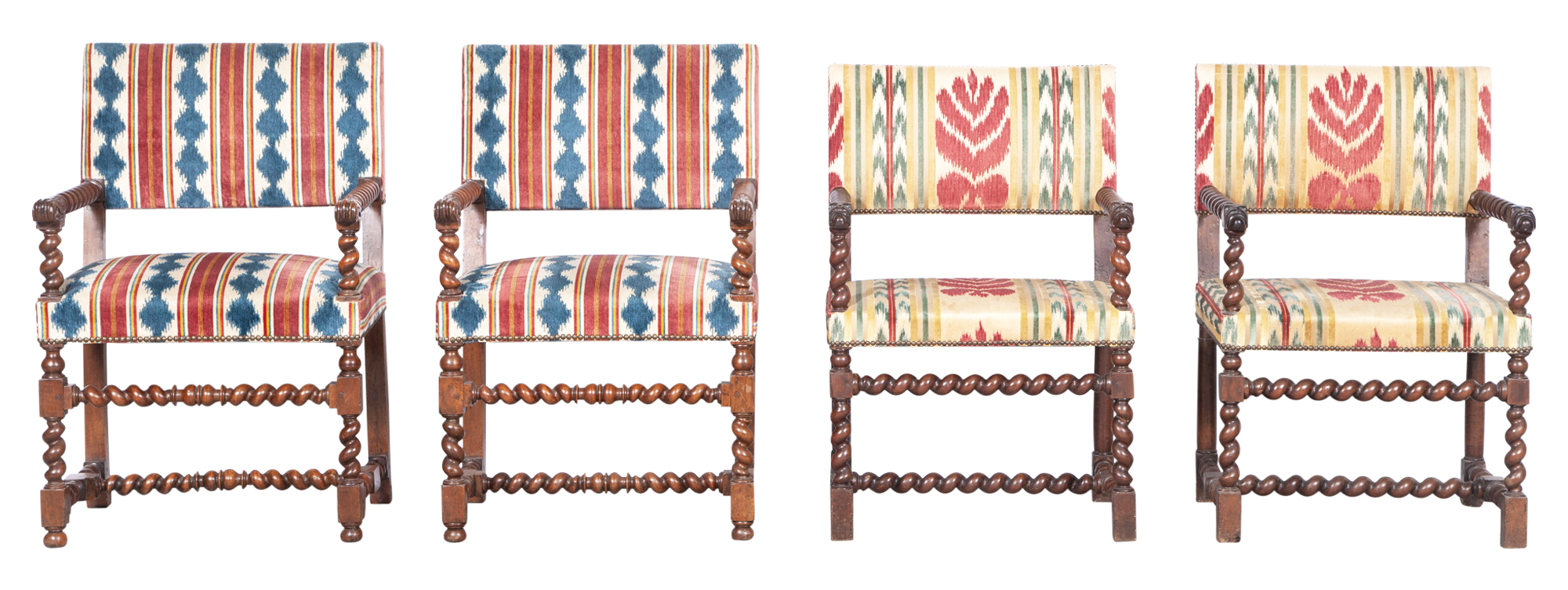 Lot image - Assembled Set of Four Baroque Style Walnut Armchairs