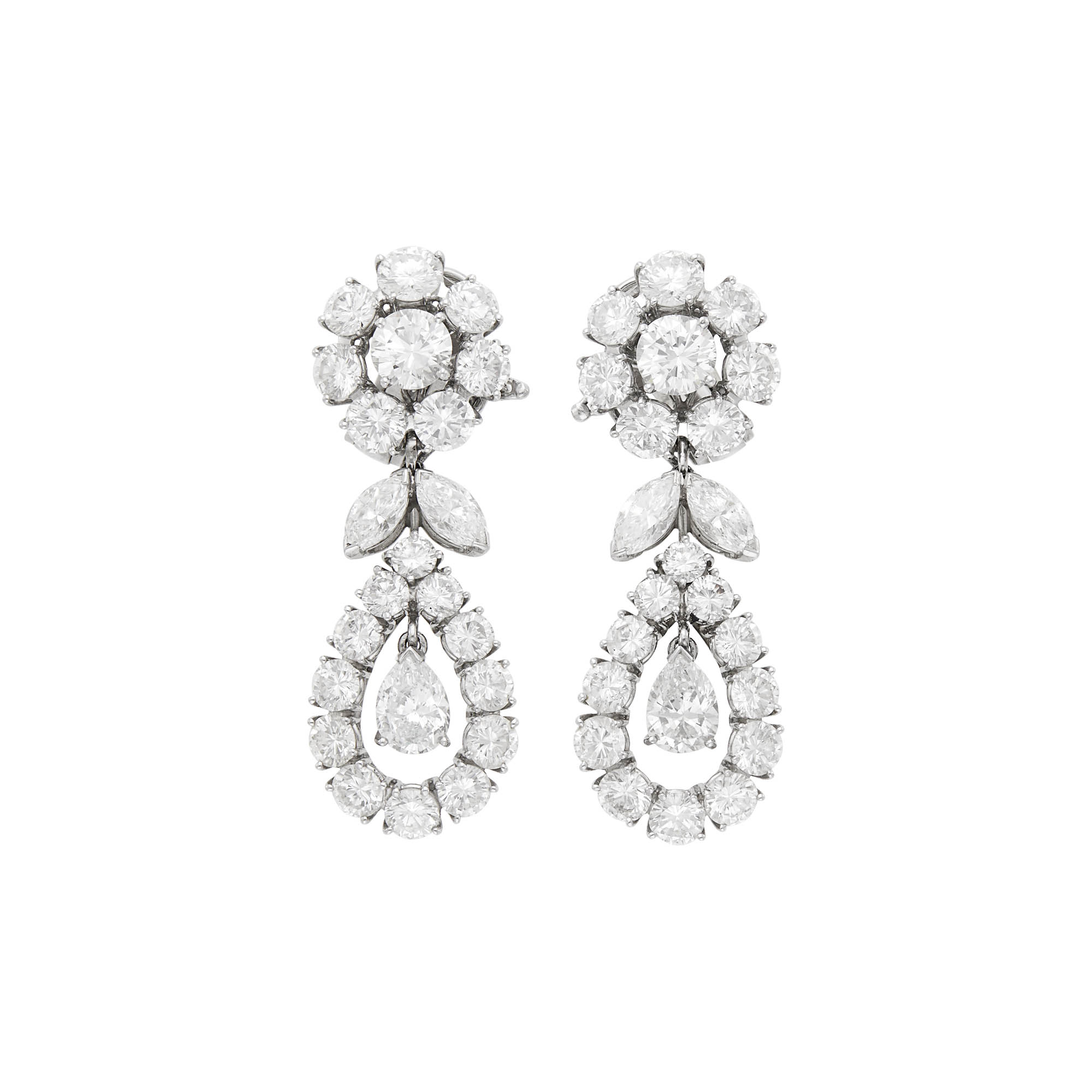 Lot image - Van Cleef & Arpels Pair of Platinum and Diamond Pendant-Earclips