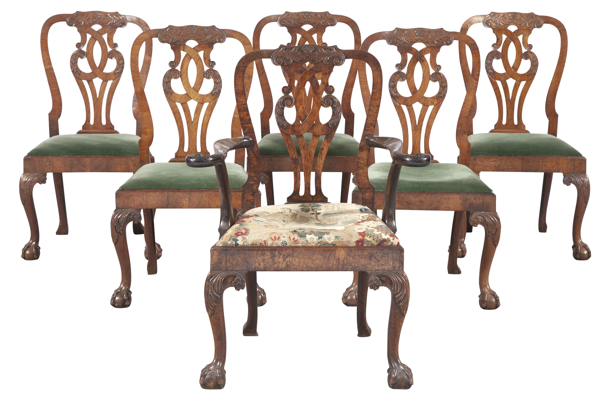 Lot image - Set of Six George II Walnut and Beechwood Dining Chairs