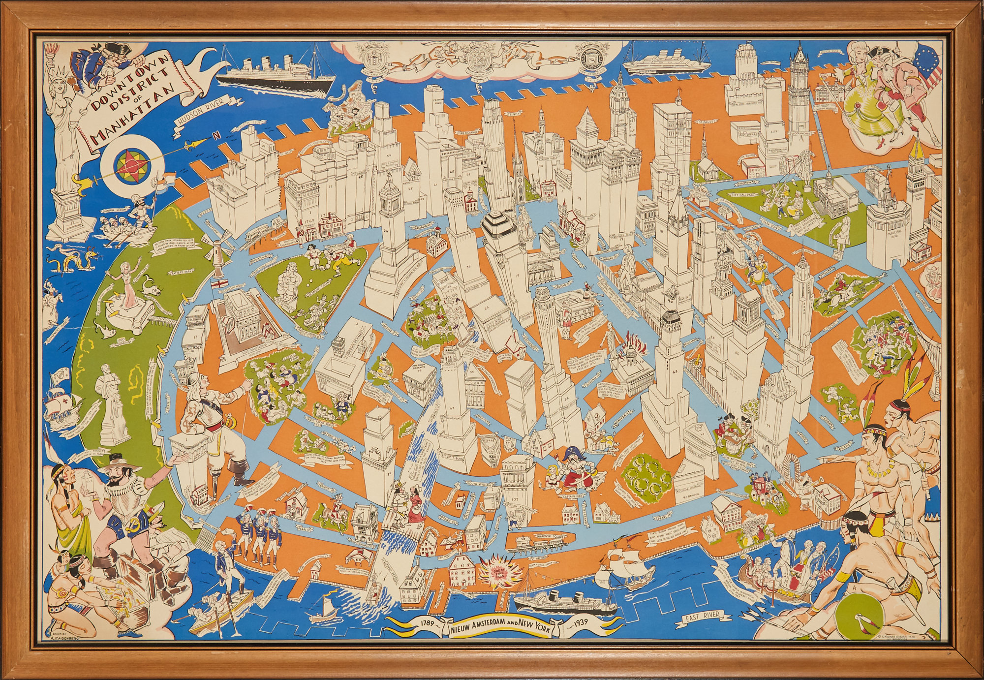 Lot image - [NEW YORK-PICTORIAL MAP]  ZAIDENBERG, A[RTHUR]. Downtown District of Manhattan. Nieuw Amsterdam and New York.