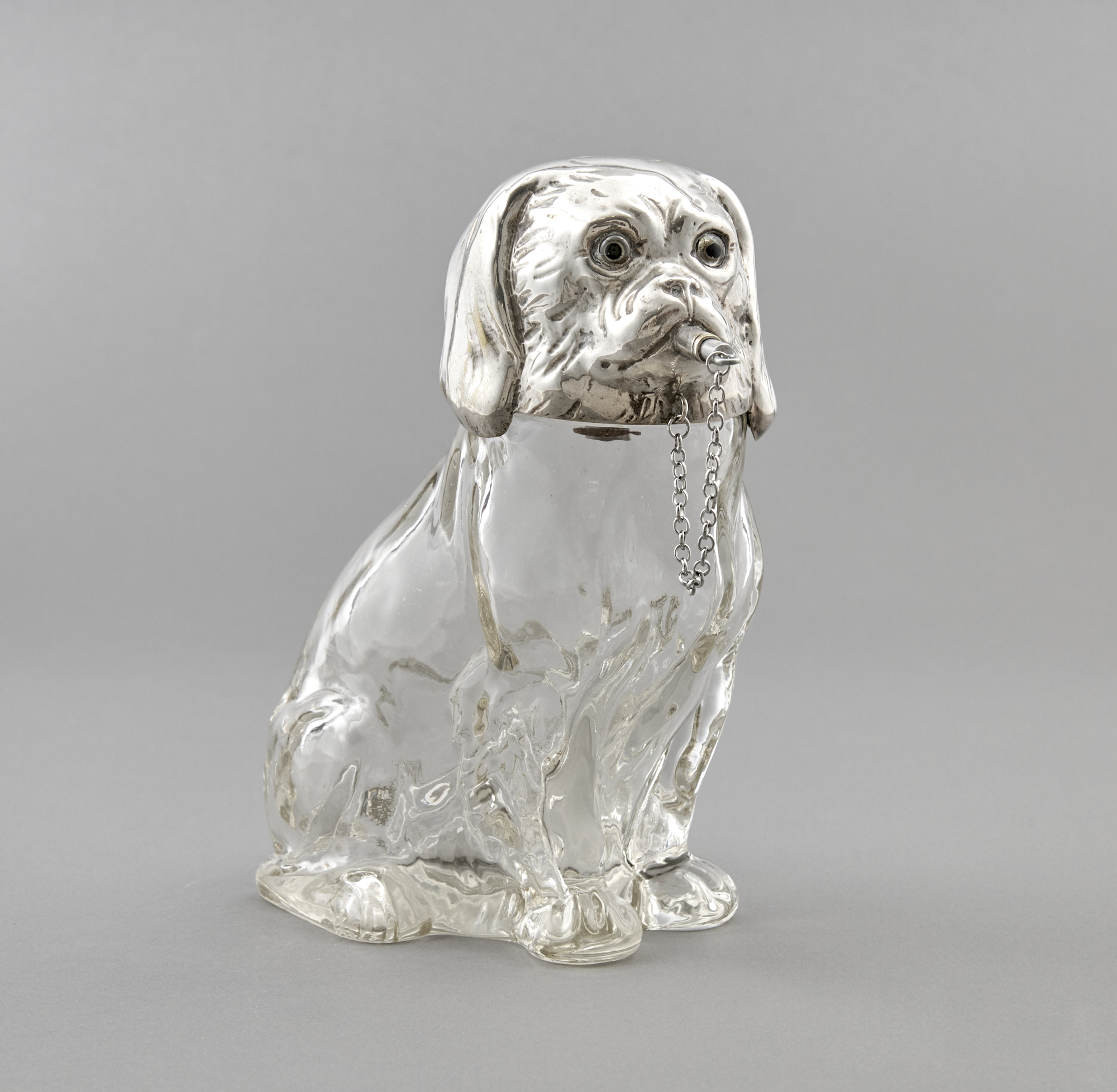 Lot image - Austrian Novelty Silver Plate Mounted Glass Dog Form Decanter