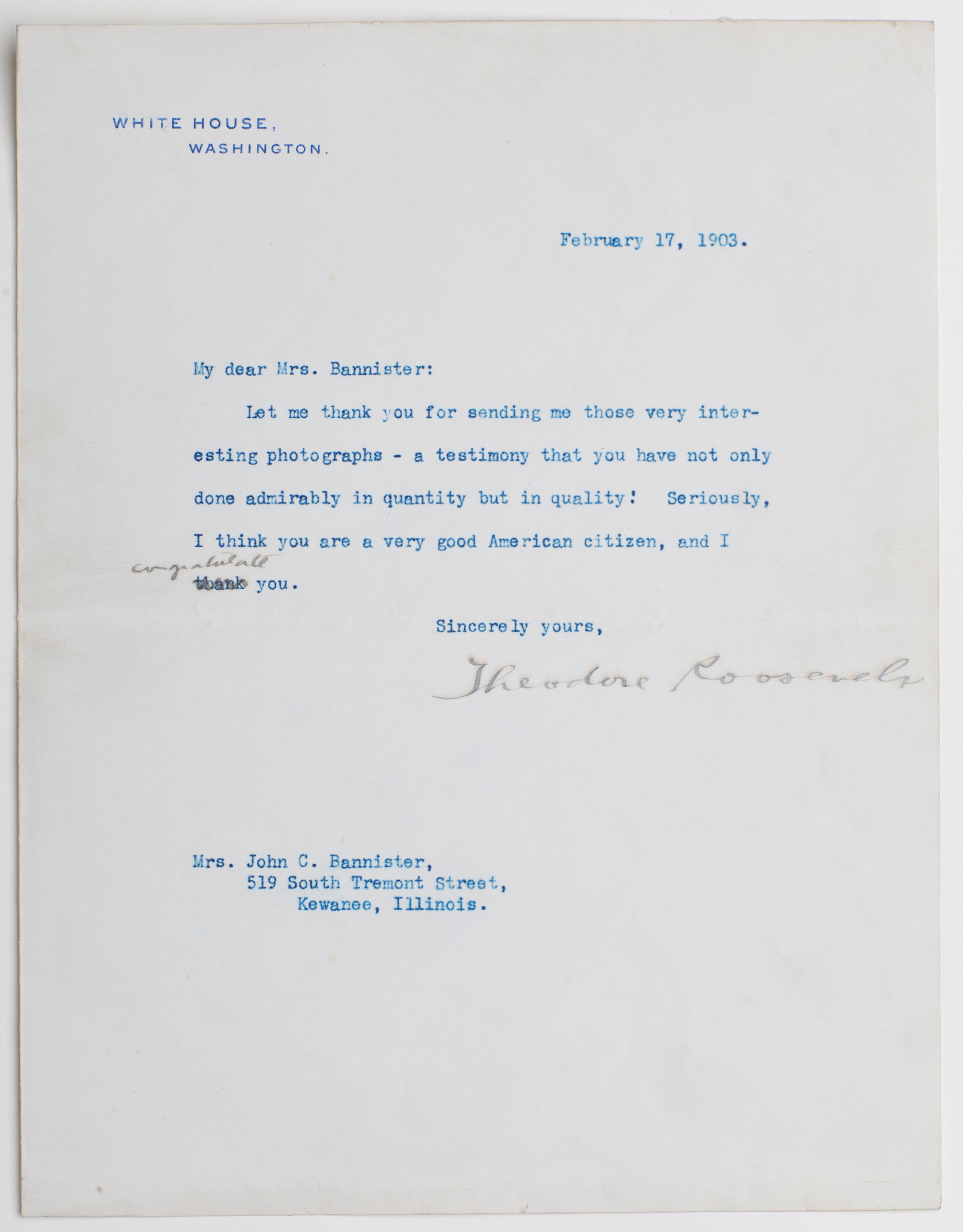 Lot image - ROOSEVELT, THEODORE  Typed letter signed as President.