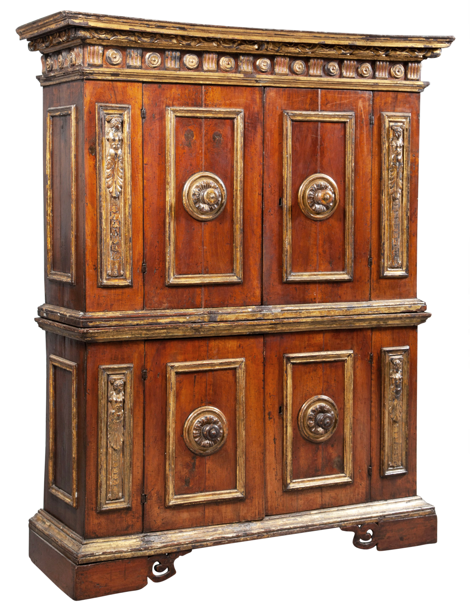 Lot image - Italian Renaissance Walnut and Parcel-Gilt Two-Part Cabinet