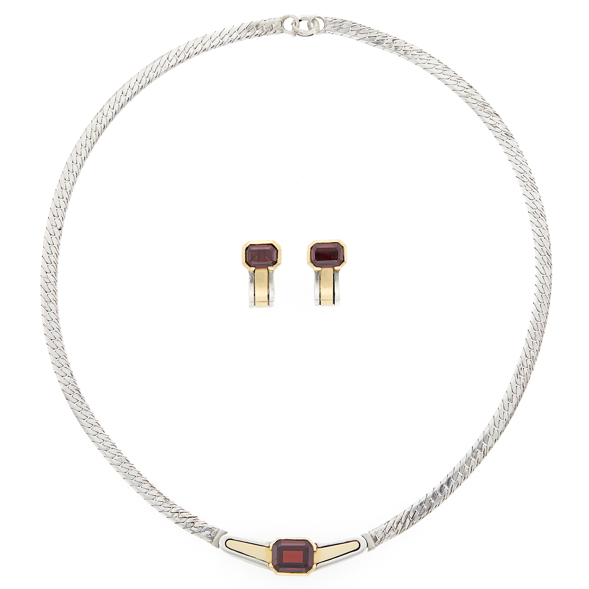 Lot image - Cartier Sterling Silver, Gold and Garnet Necklace and Pair of Earrings