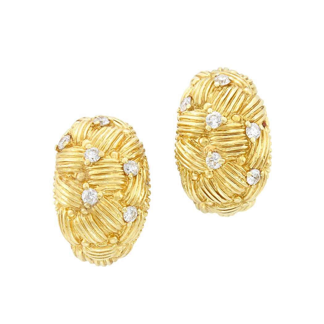 Lot image - Pair of Gold and Diamond Hoop Earclips, Judith Ripka