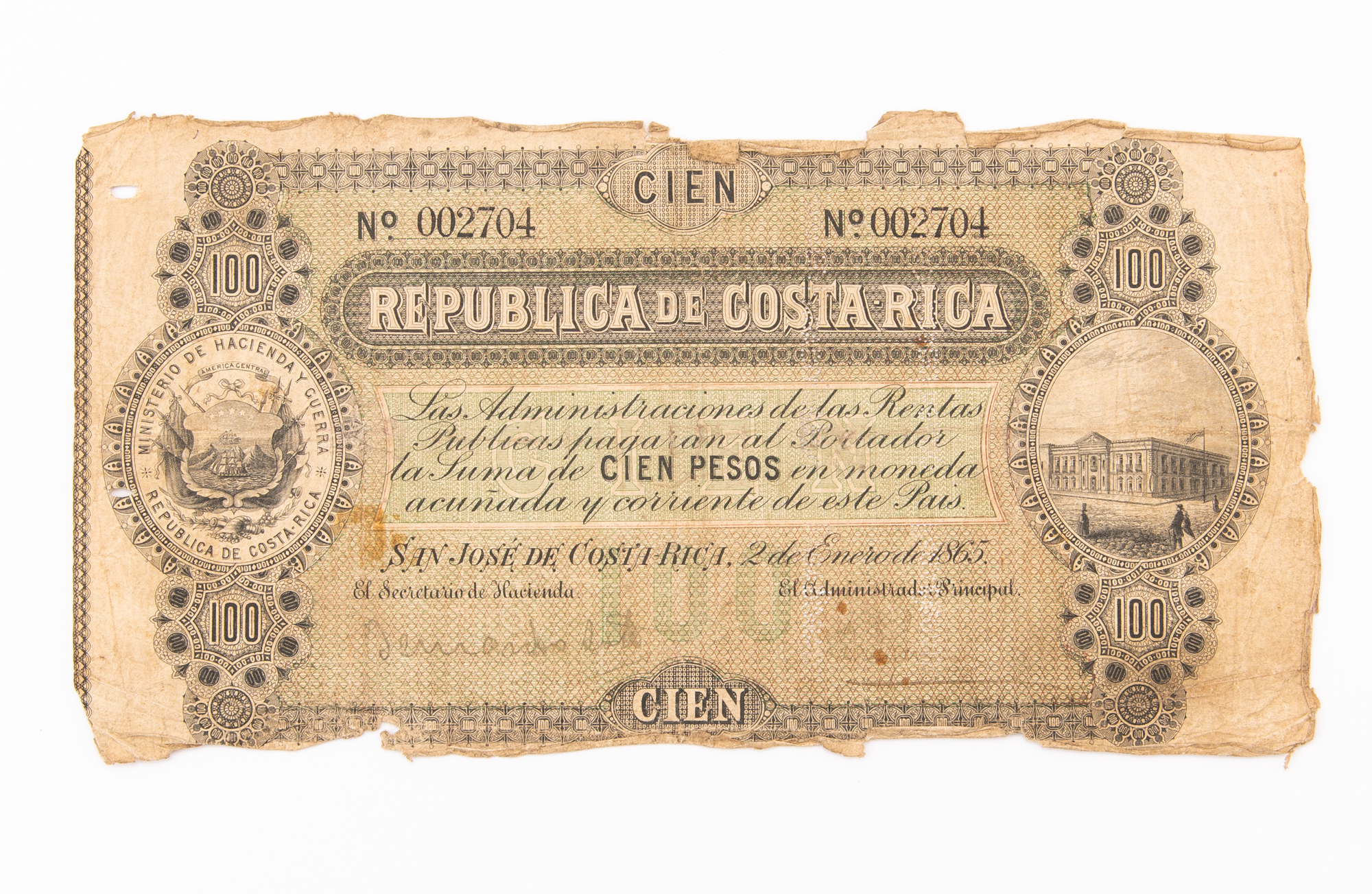 Lot image - Costa Rica Republica de Costa Rica 1865 100 Pesos Serial No. 002704 Unlisted.
