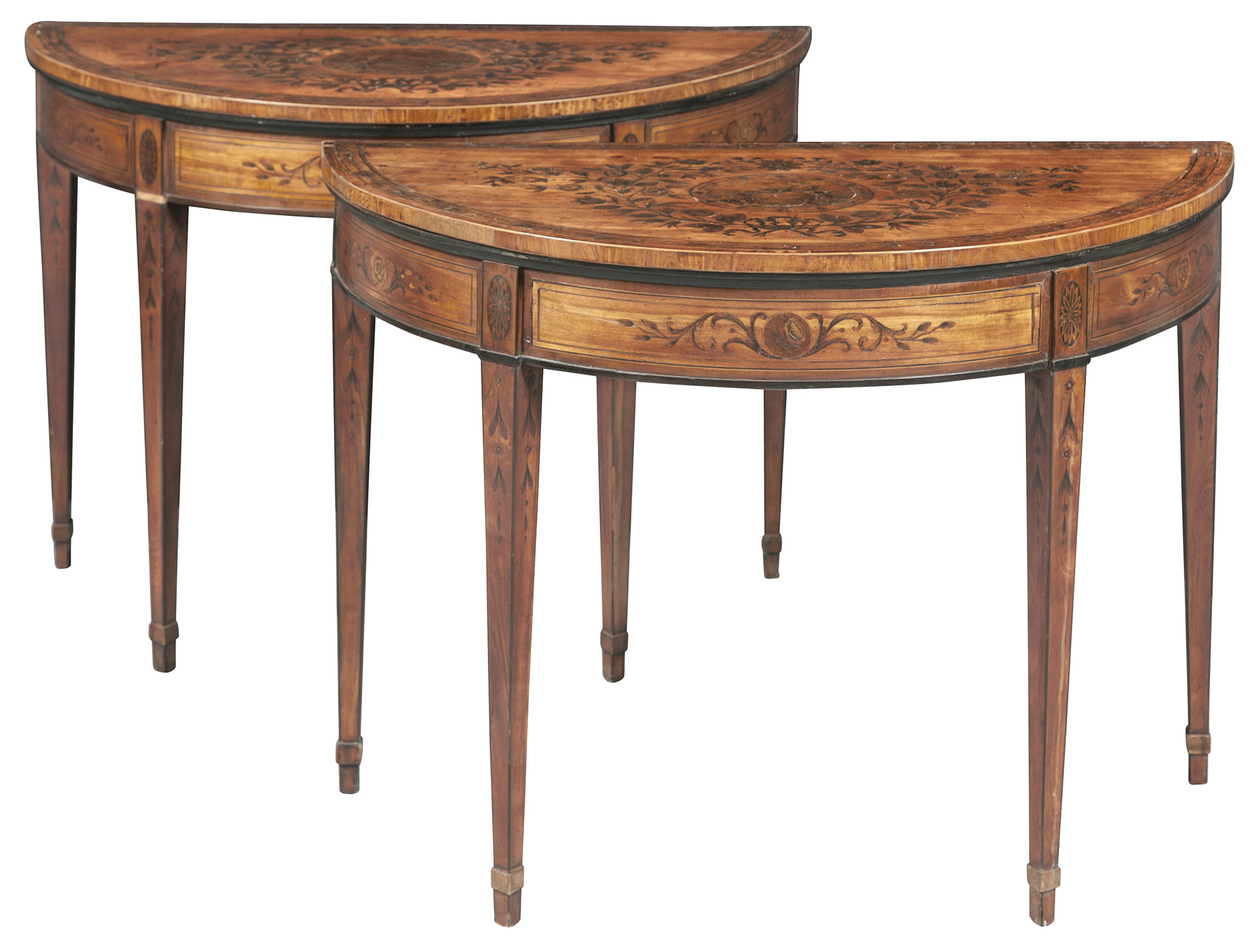 Lot image - Pair of George III Satinwood, Marquetry and Part-Ebonized Games Tables in the manner of Mayhew and Ince