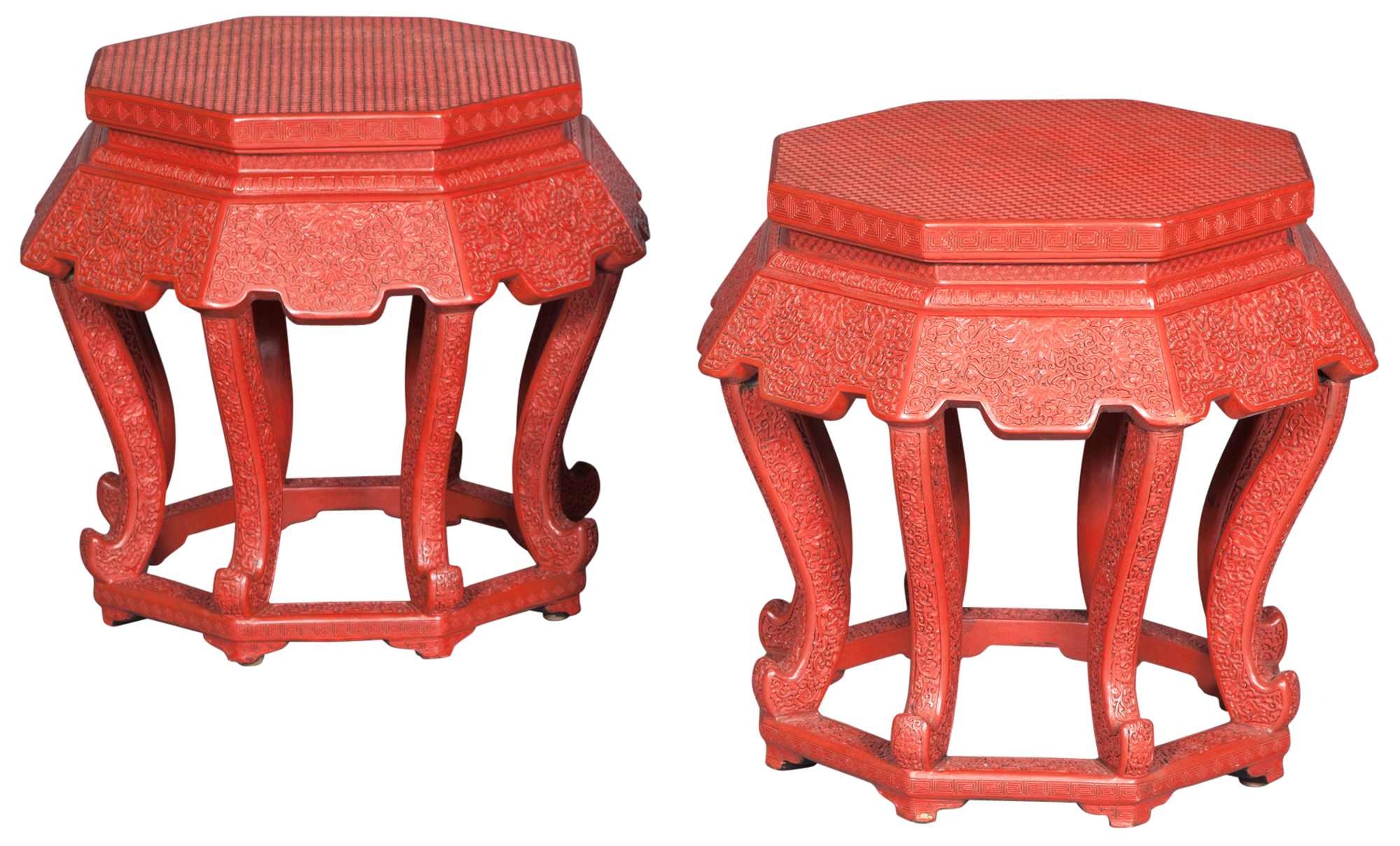 Lot image - Pair of Chinese Export Red Faux Cinnabar Garden Stools