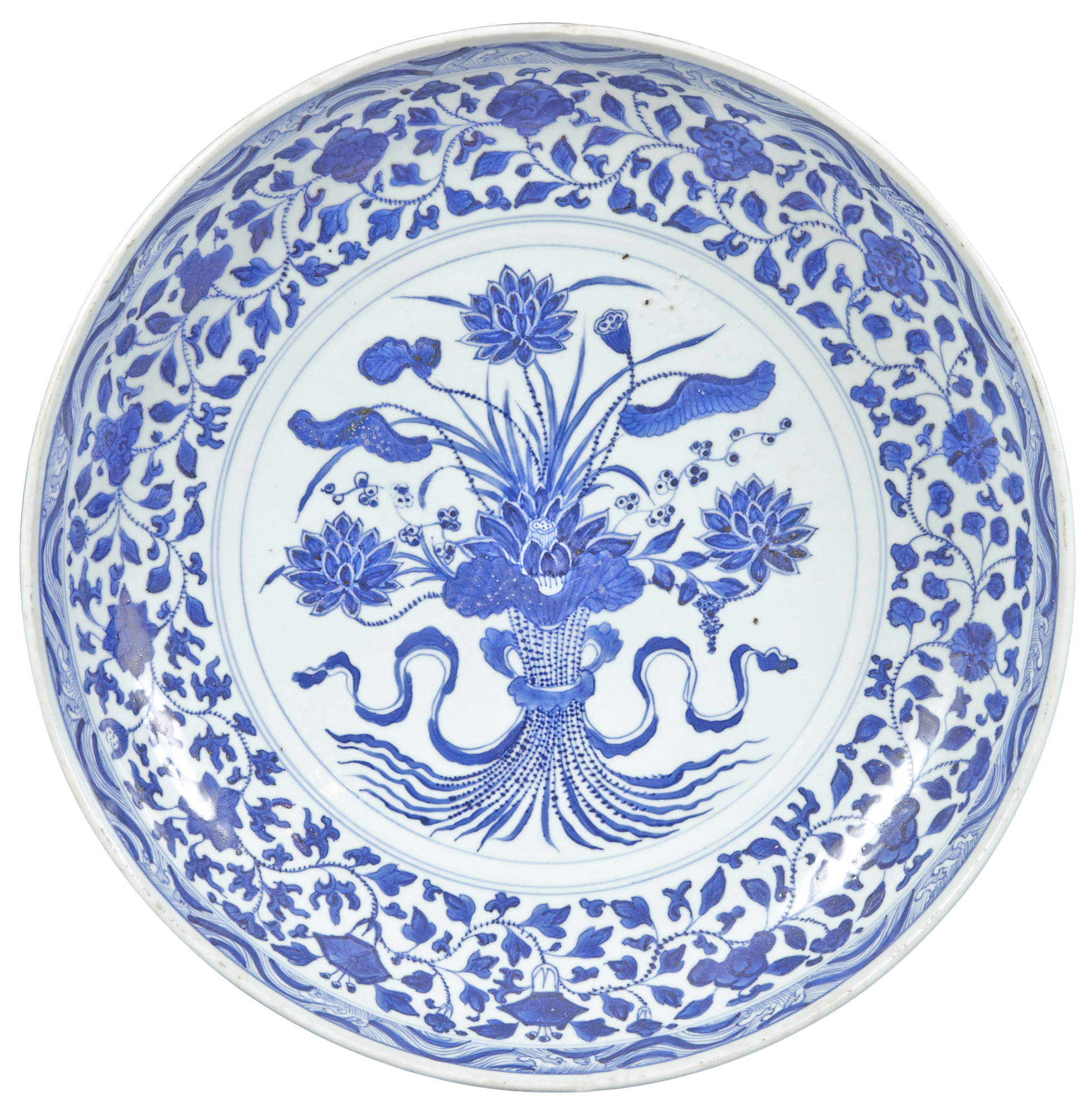 Lot image - A Chinese Blue and White Porcelain Lotus Bouquet Charger
