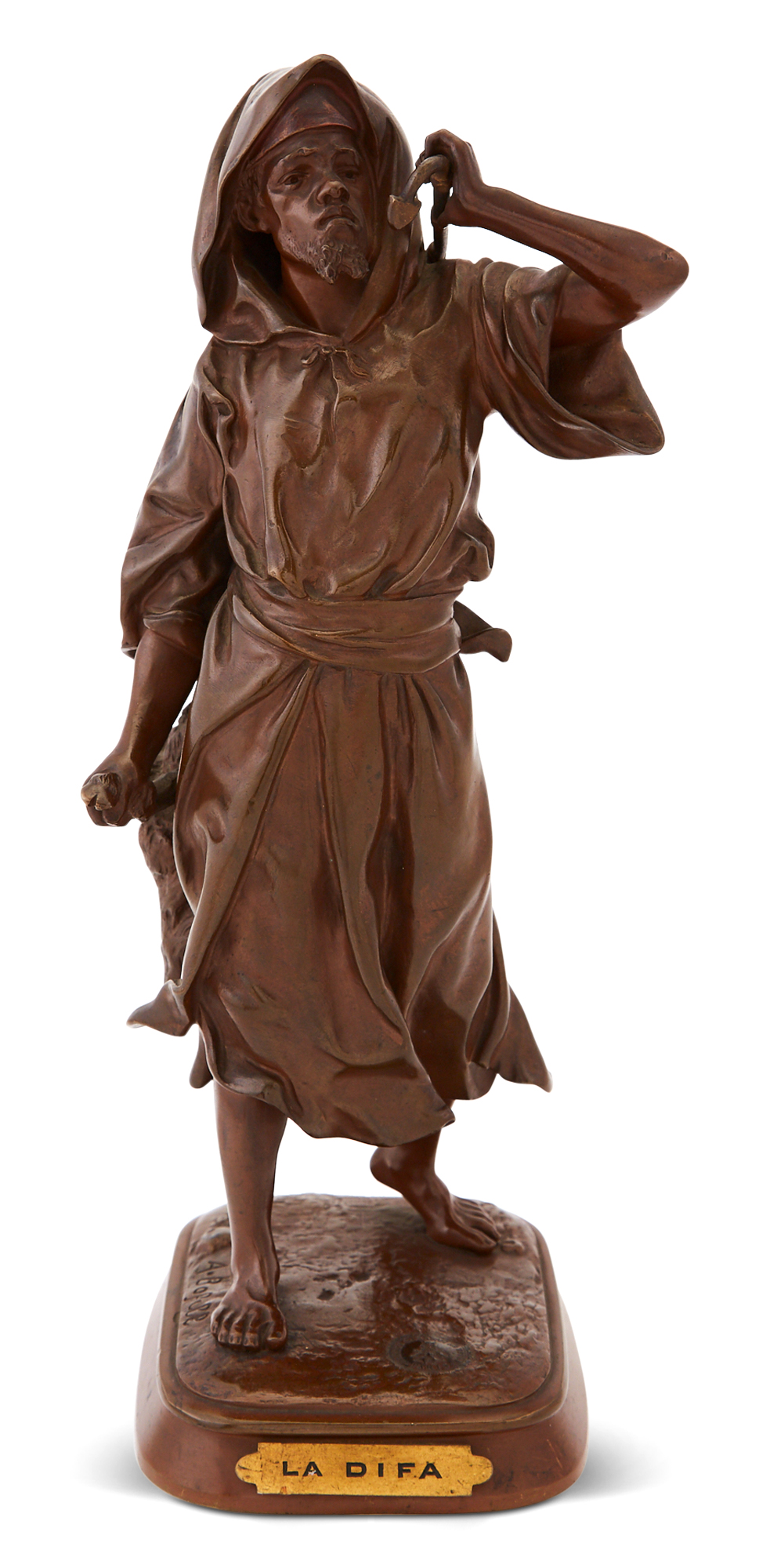 Lot image - Spanish Patinated Bronze Figure of an Arab Shepherd Titled La Difa