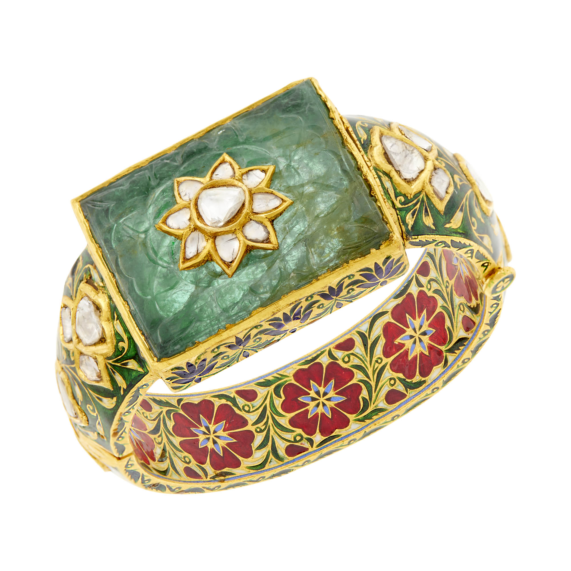 Lot image - Indian Gold, Carved Emerald, Foil-Backed Diamond, Enamel and Jaipur Enamel Bangle Bracelet