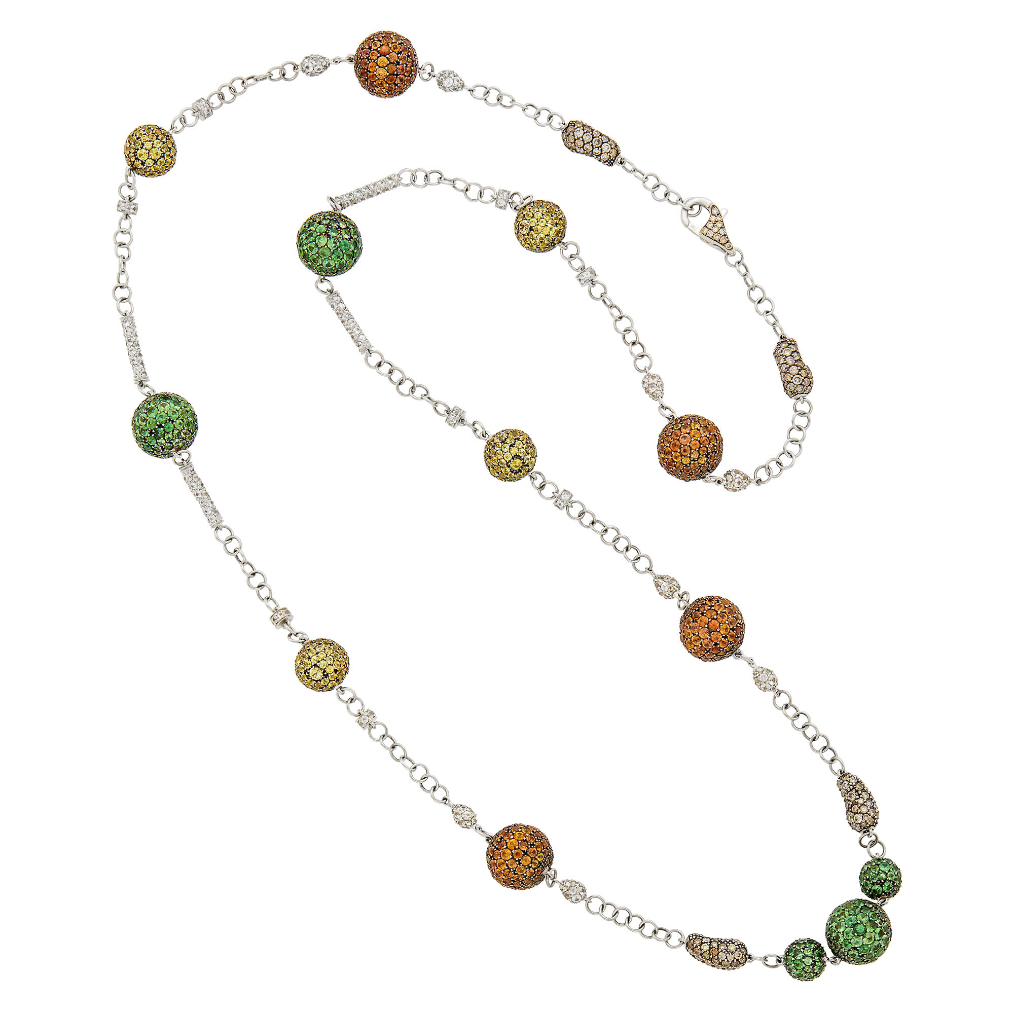 Lot image - Long Two-Color Gold, Brown Diamond and Multicolored Sapphire Chain Necklace
