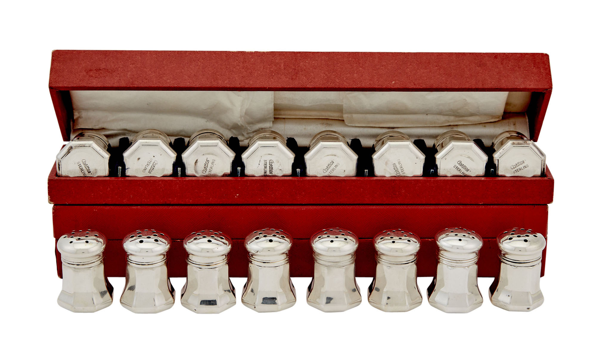 Lot image - Two Cased Sets of Cartier Sterling Silver Individual Salt and Pepper Casters