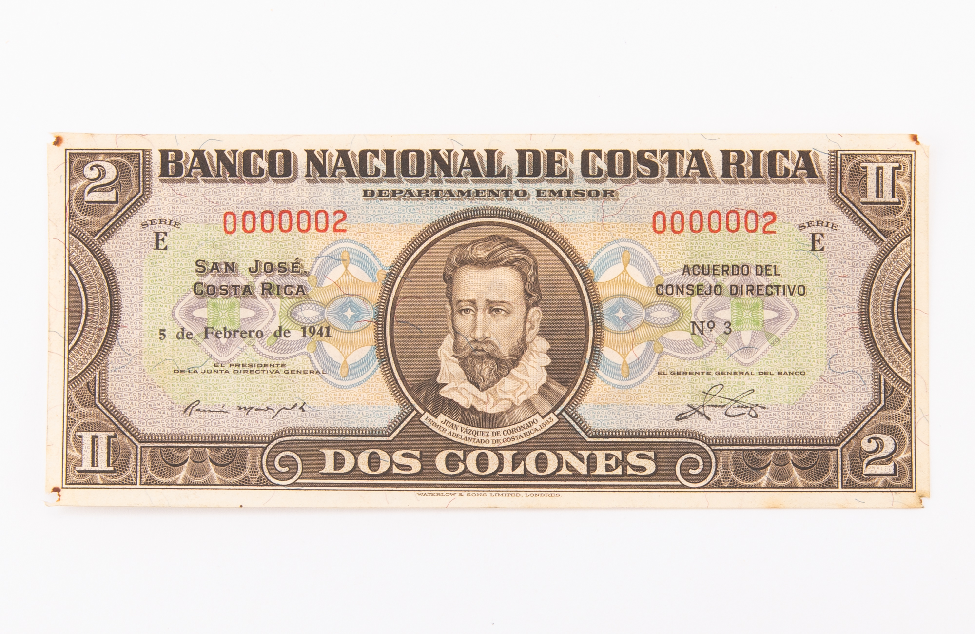Lot image - Costa Rica, Banco National Series E 1941 Dos Colones Pick# 201a