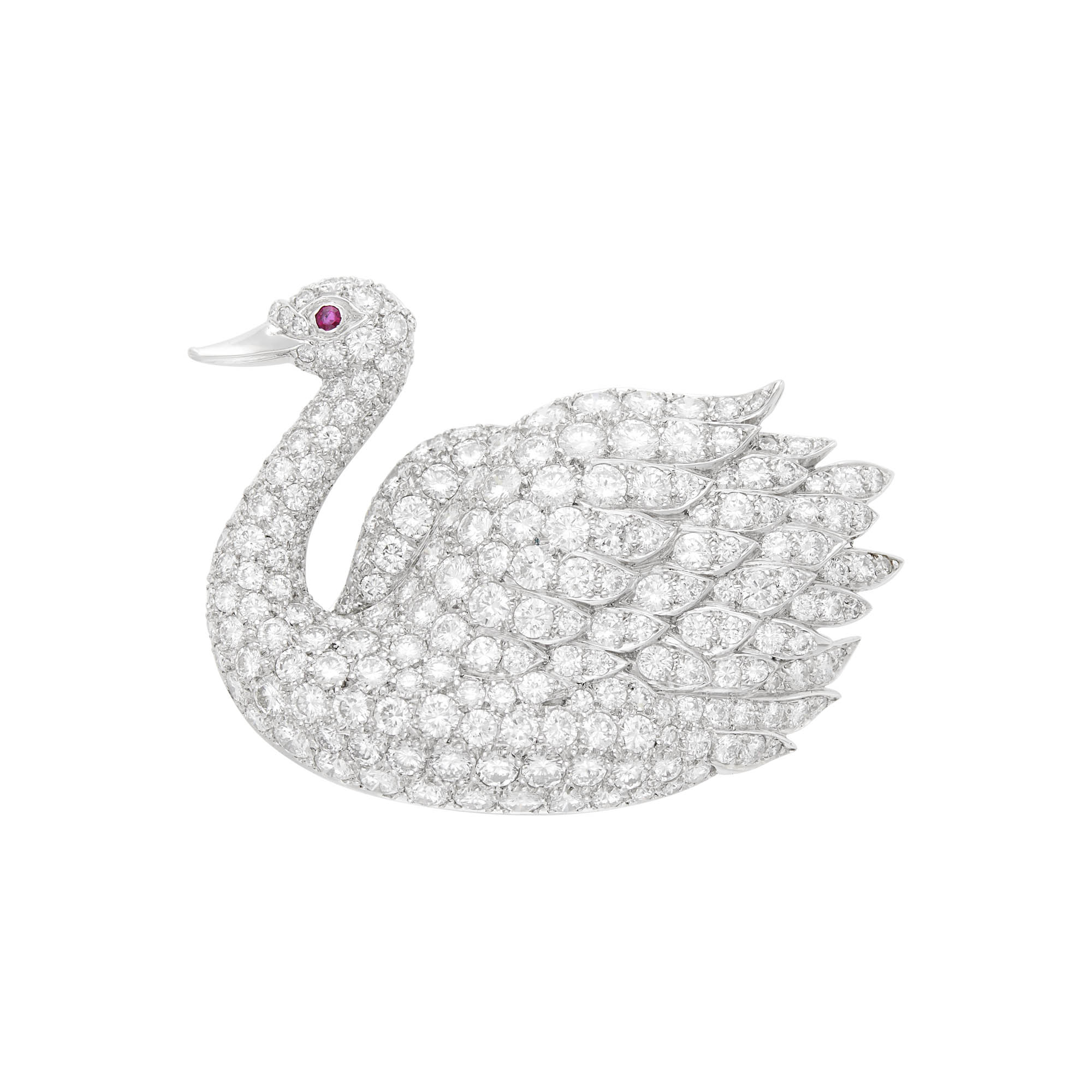 Lot image - Van Cleef & Arpels, Platinum, Diamond and Ruby Swan Brooch