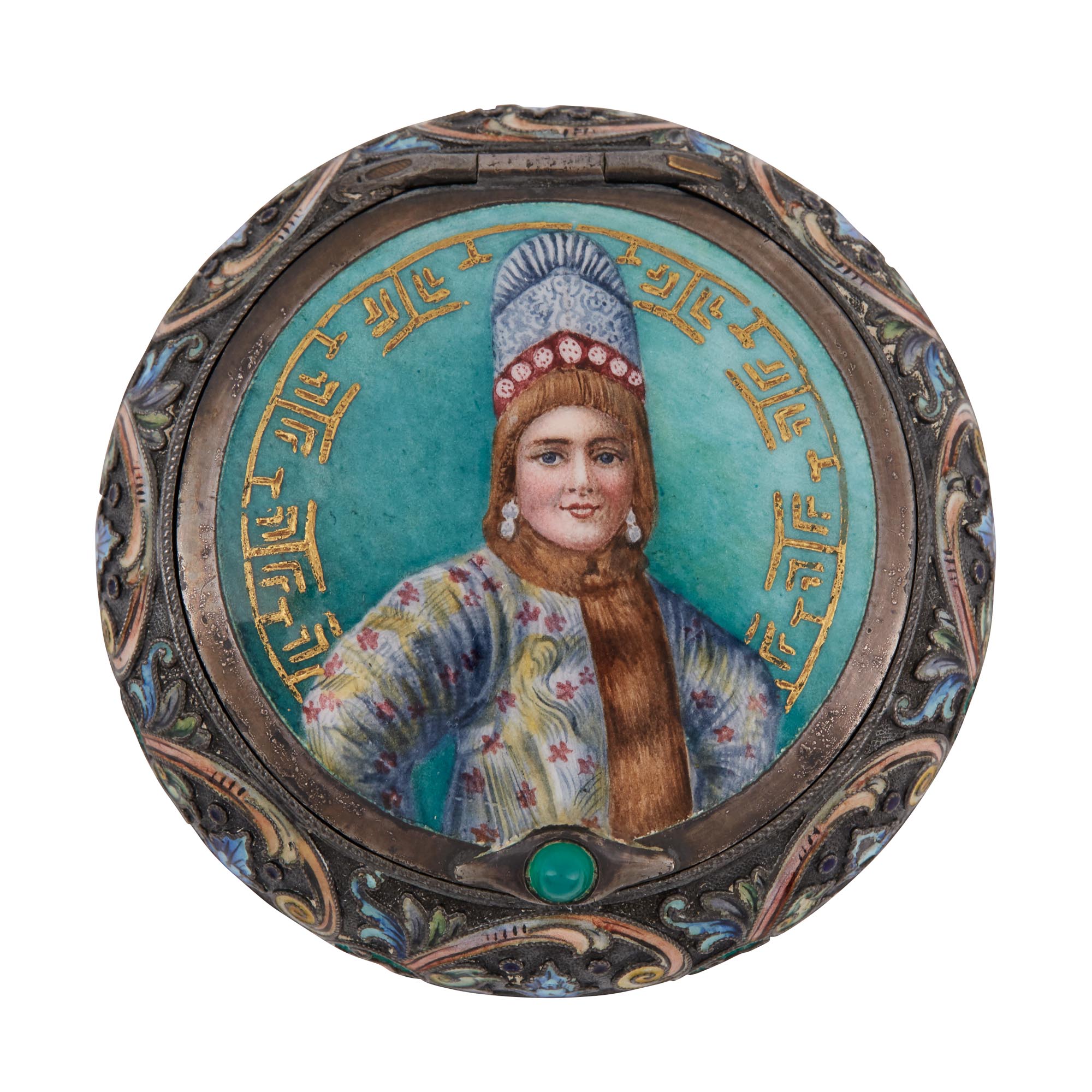 Lot image - Russian Silver-Gilt, Cloisonné and Pictorial Enamel Pill Box