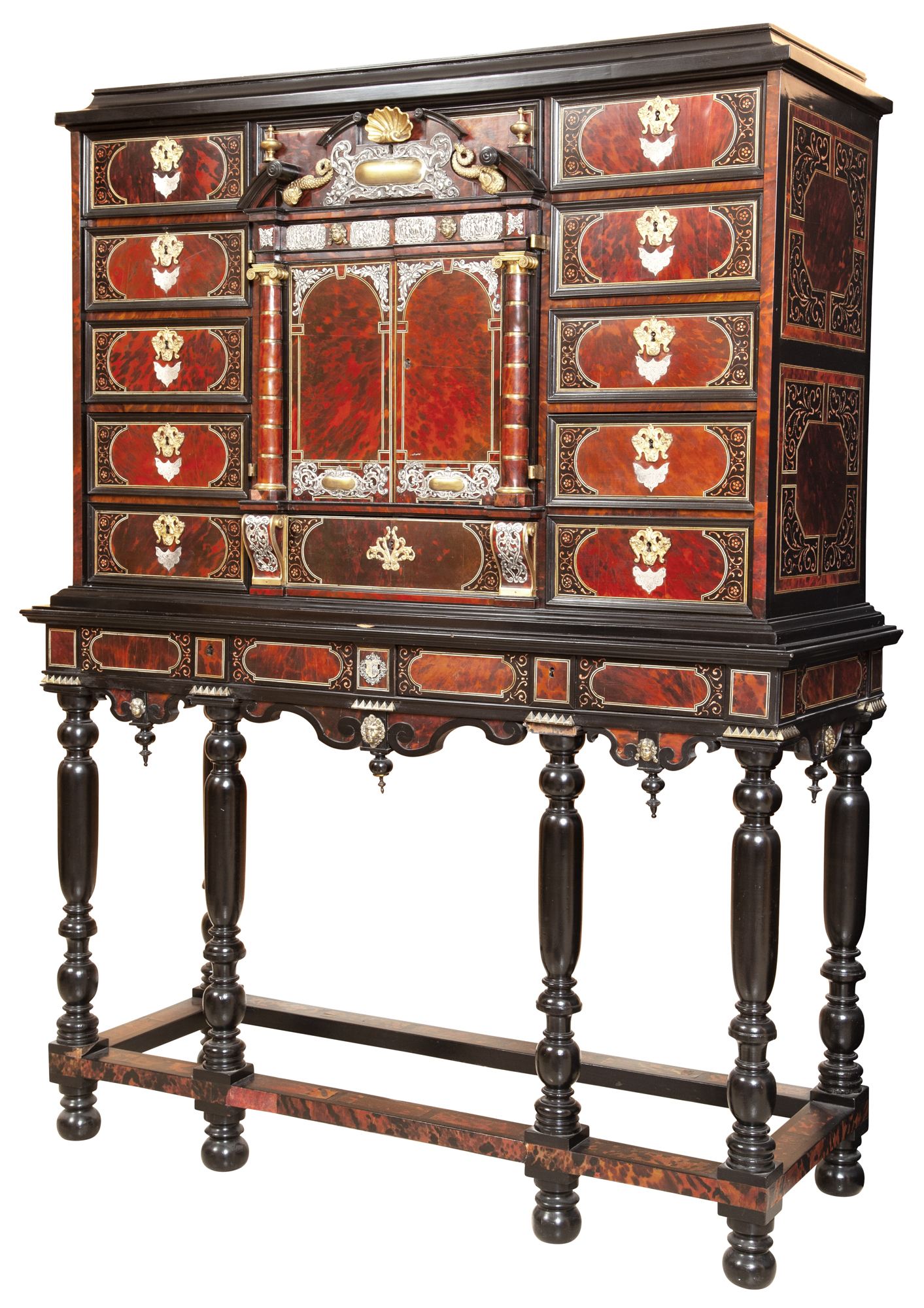 Lot image - Flemish Baroque Style Ebonized, Tortoiseshell, Faux Tortoiseshell, Gilt - and Silvered Metal, Marquetry and Bone-Inlaid Cabinet on Stand
