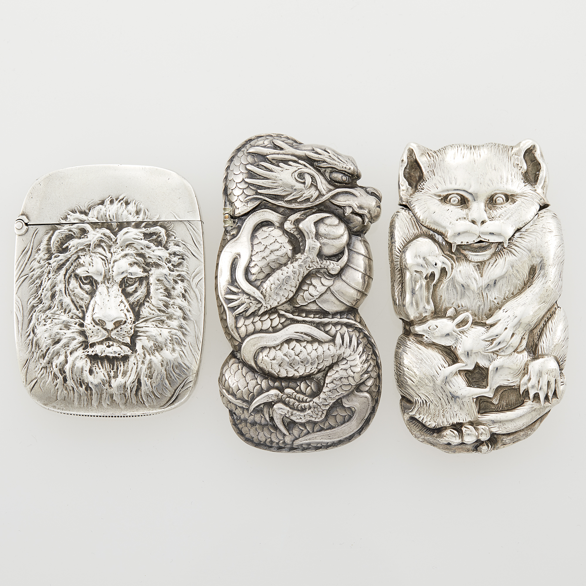 Lot image - Three American and English Sterling Silver Novelty Vesta/ Matchsafes