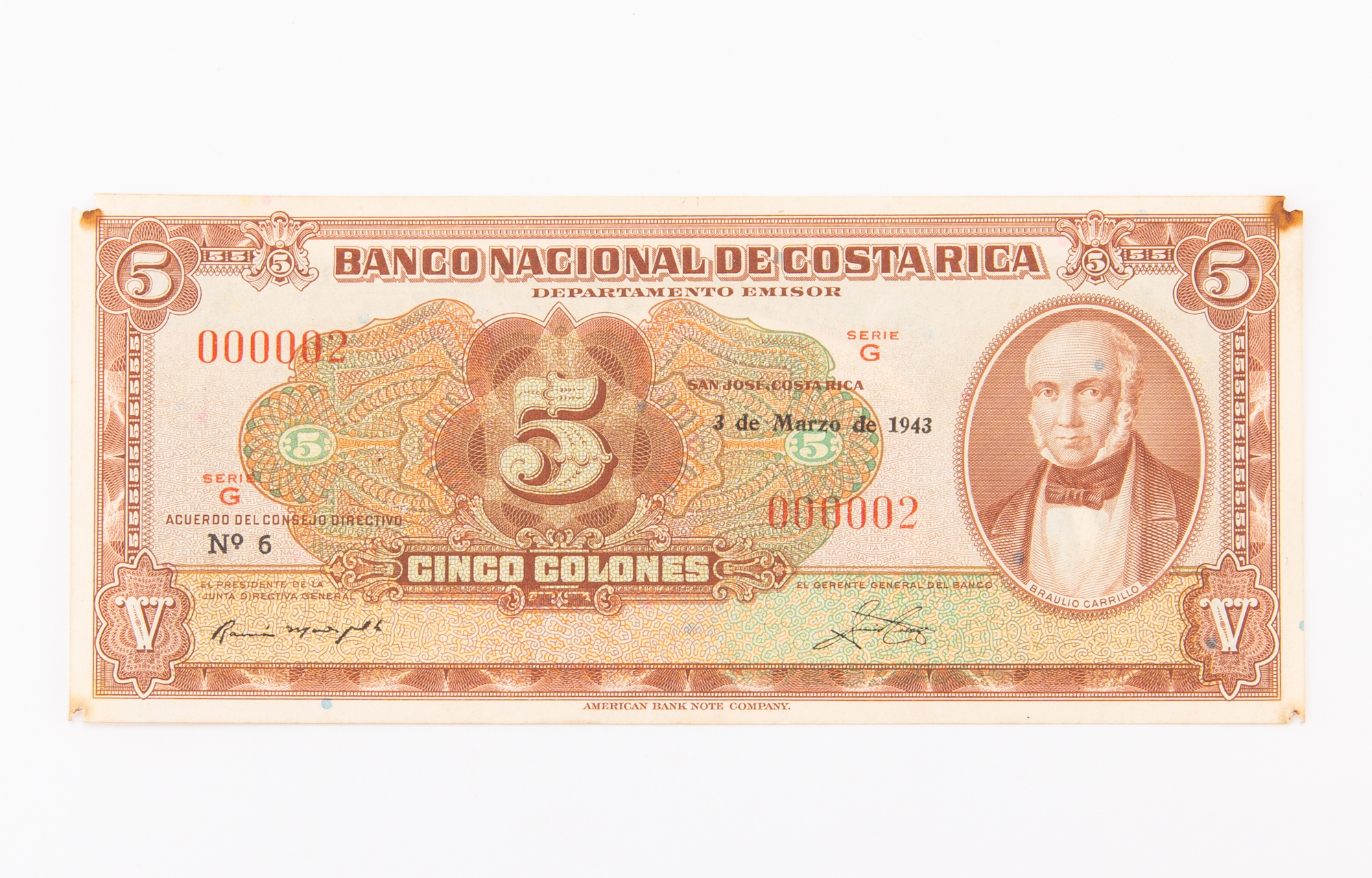 Lot image - Costa Rica, Banco Nacional Series G 1942-44 Cinco Colones Pick# 209a