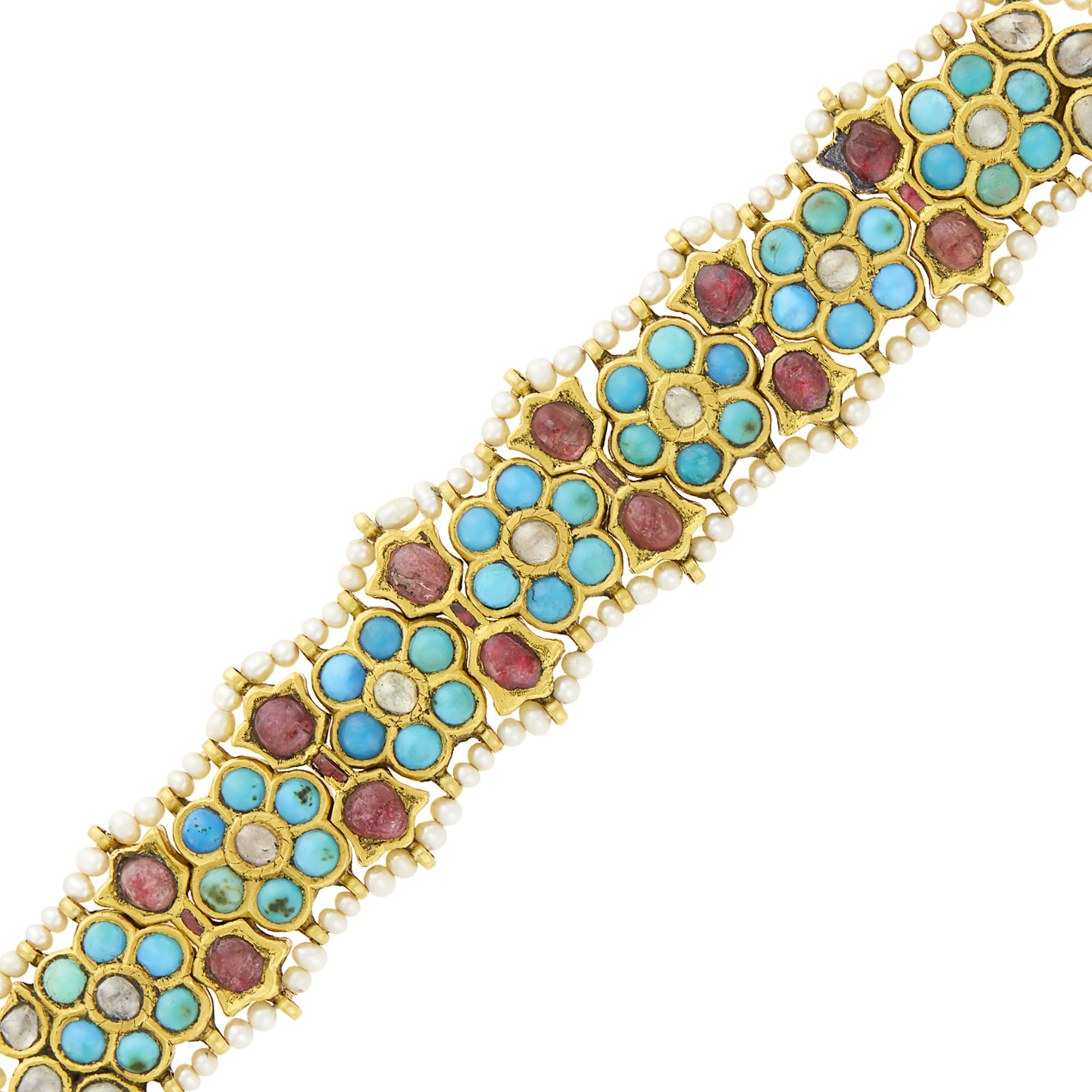 Lot image - Indian Gold, Turquoise, Foil-Backed Diamond, Ruby and Seed Pearl Bracelet