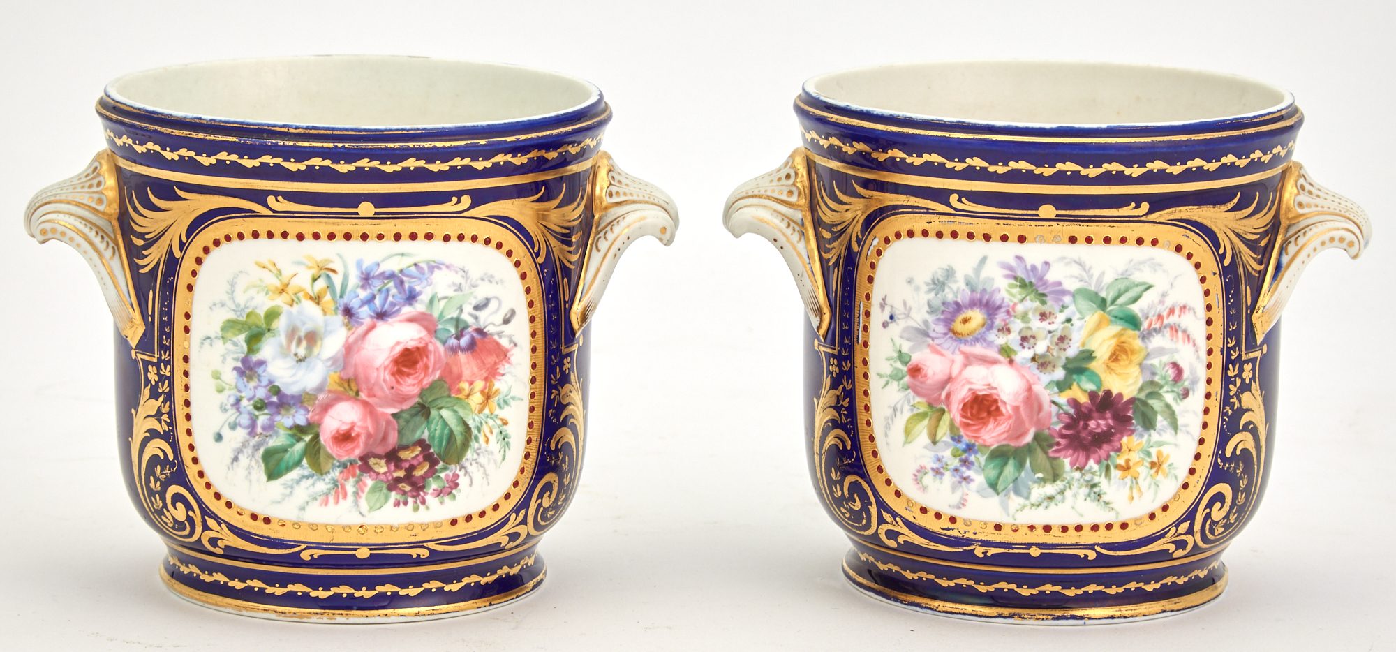 Lot image - Pair of Sèvres Style Cobalt Ground Porcelain Small Jardinieres