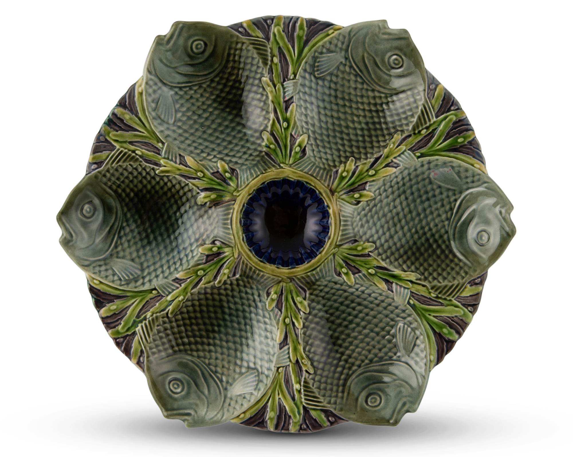 Lot image - Mintons Majolica Gray-Ground Six-Pocket Fish Oyster Plate