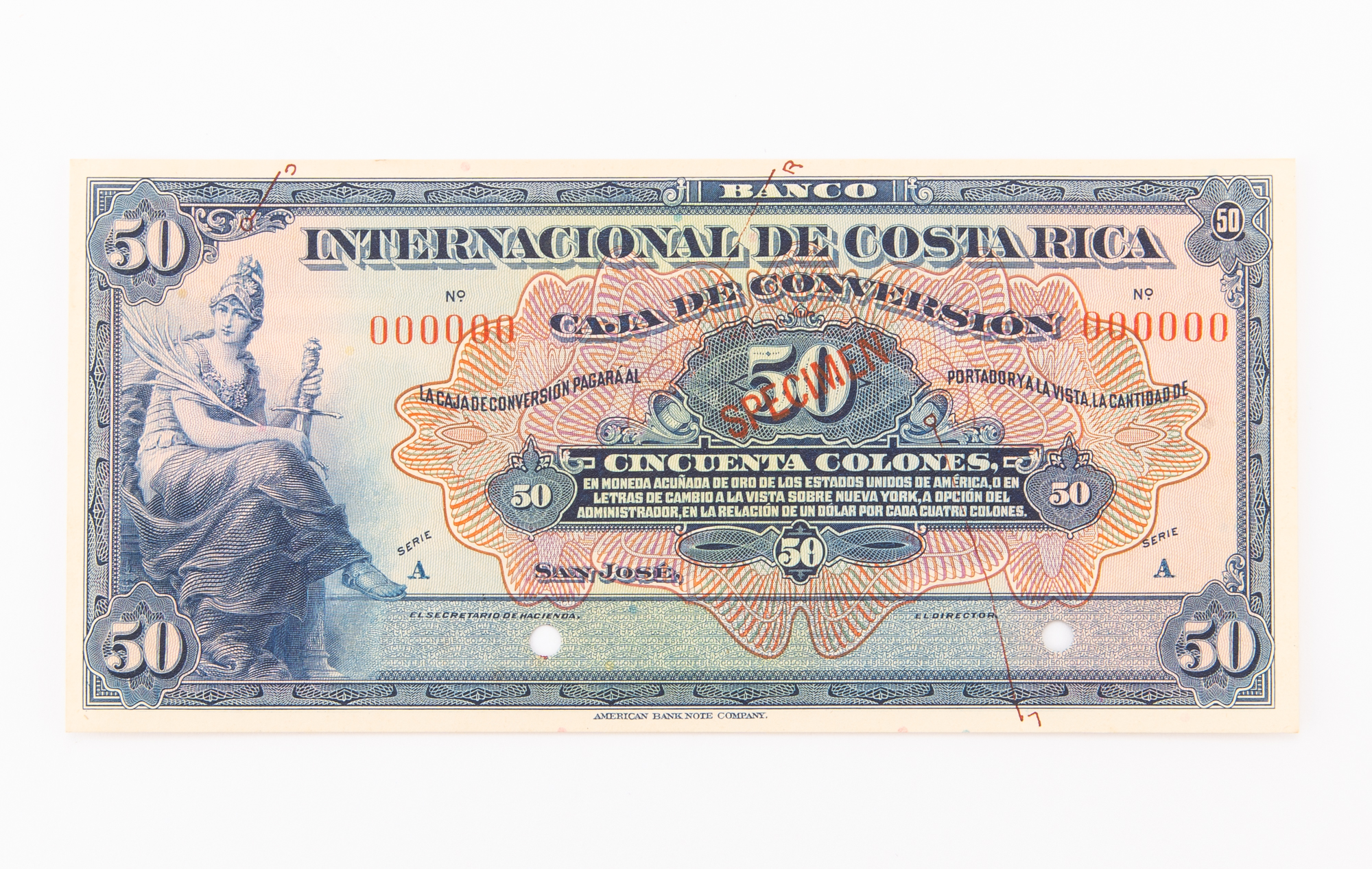 Lot image - Costa Rica, Banco Internacional ND (1924-27) Cincuenta Colones Specimen Note Pick# 188 S