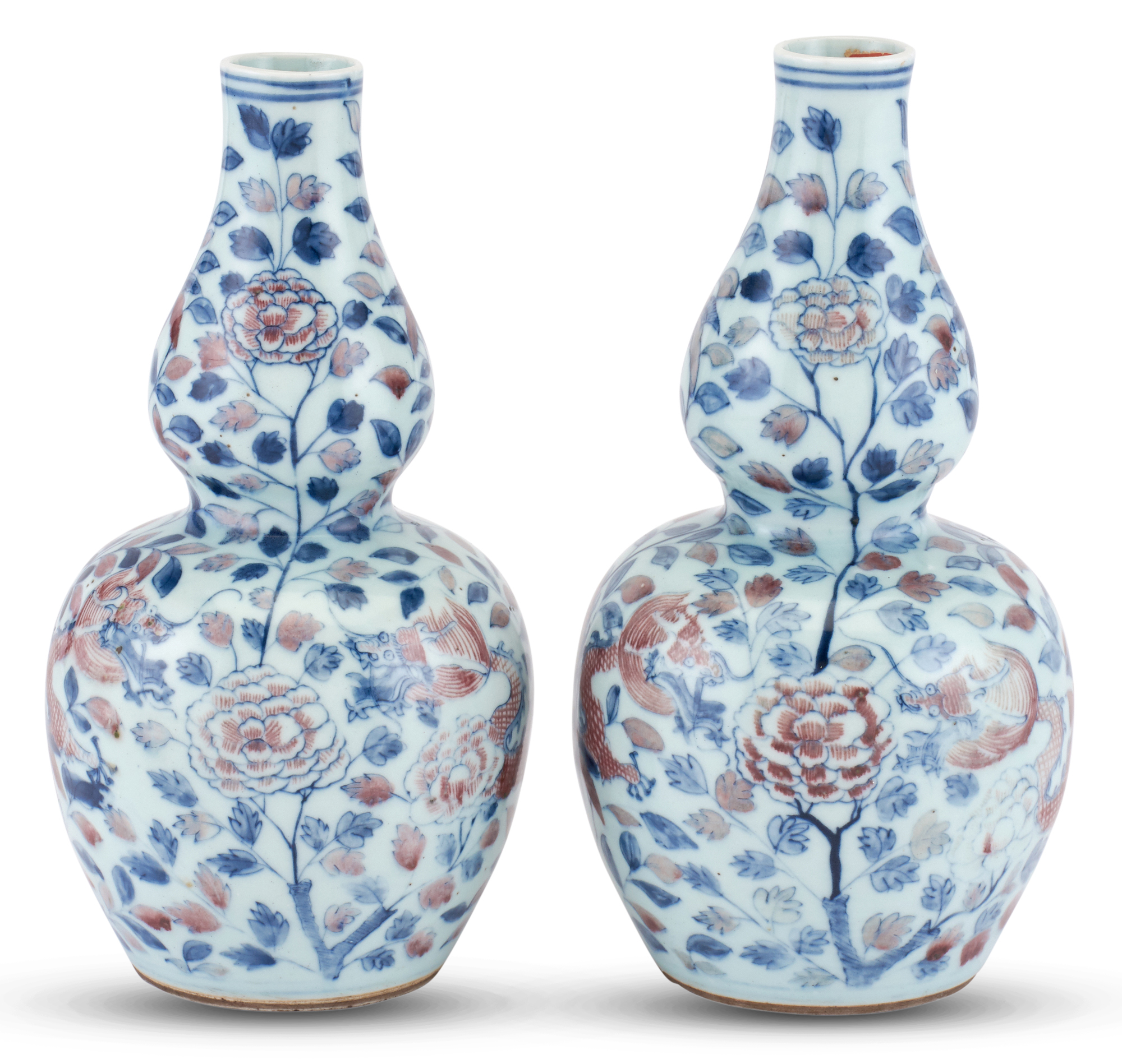 Lot image - A Pair of Chinese Blue and White and Copper Red Porcelain Vases