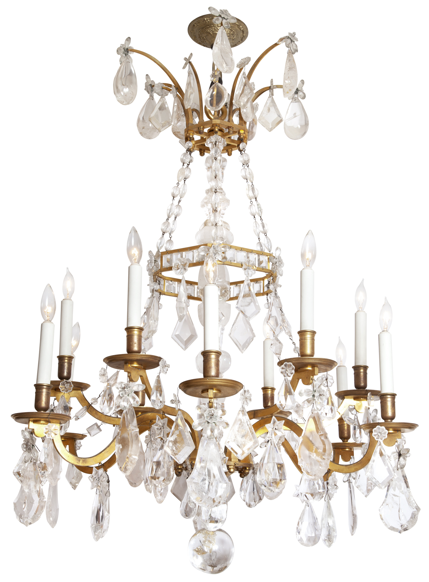 Lot image - Continental Neoclassical Style Gilt-Metal, Cut-Glass and Rock Crystal Twelve-Light Chandelier
