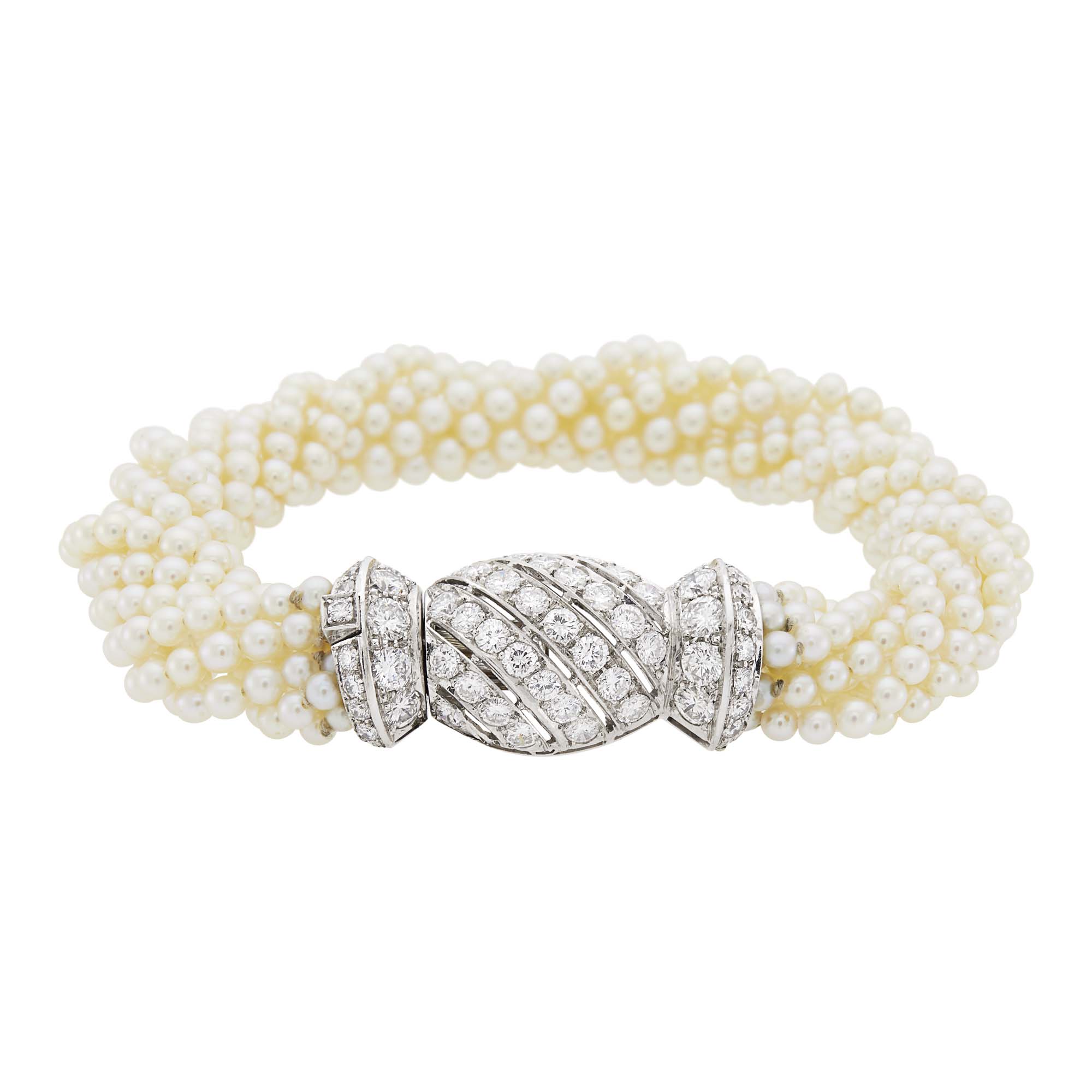 Lot image - Multistrand Cultured Pearl, Platinum and Diamond Torsade Bracelet