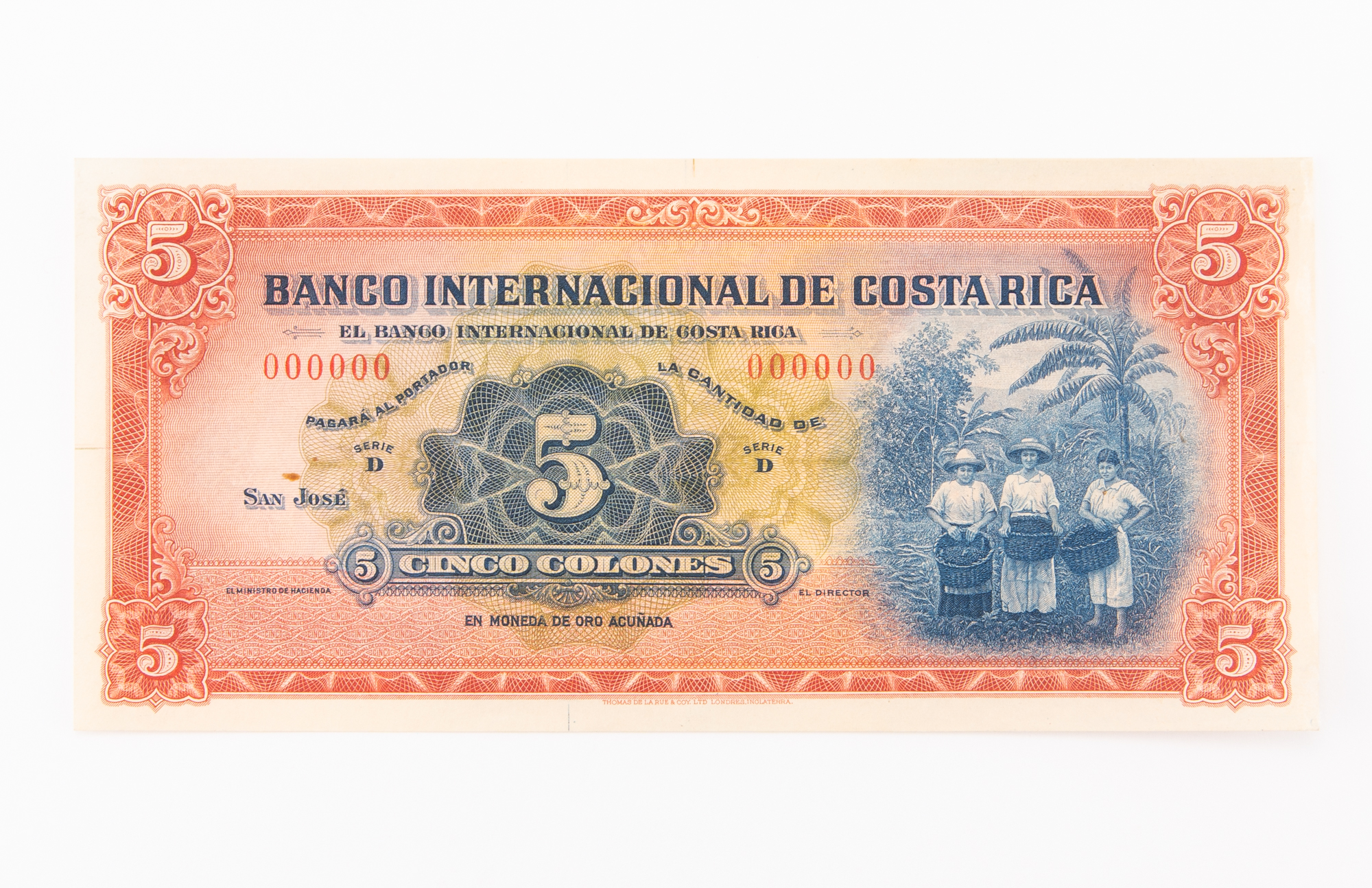 Lot image - Costa Rica, Banco Internacional Series D ND (1931-36) Cinco Colones Specimen Note Pick# 180s