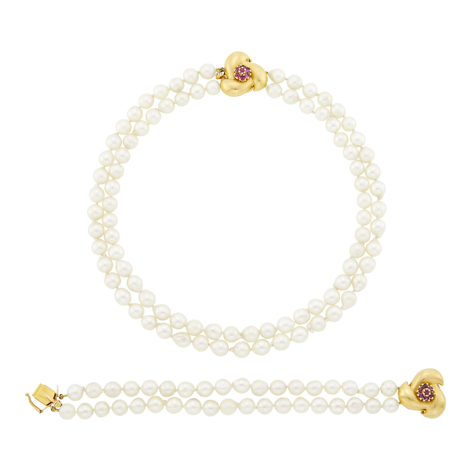Lot image - Double Strand Semi-Baroque Cultured Pearl Necklace and Bracelet with Gold and Ruby Clasps