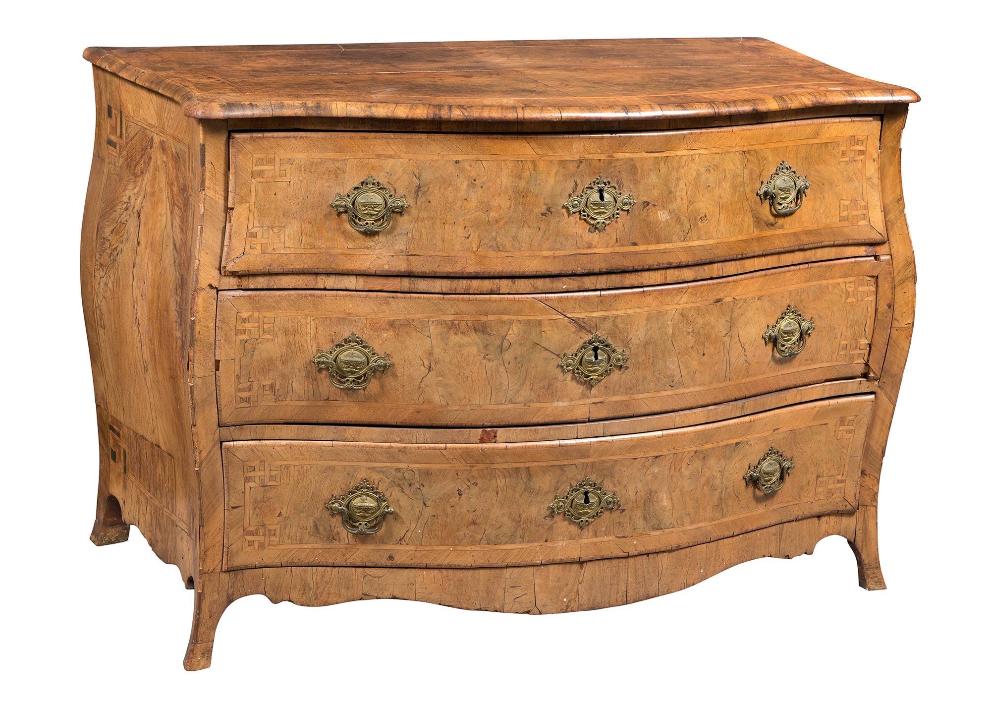 Lot image - Continental Rococo Inlaid Walnut Bombé Commode