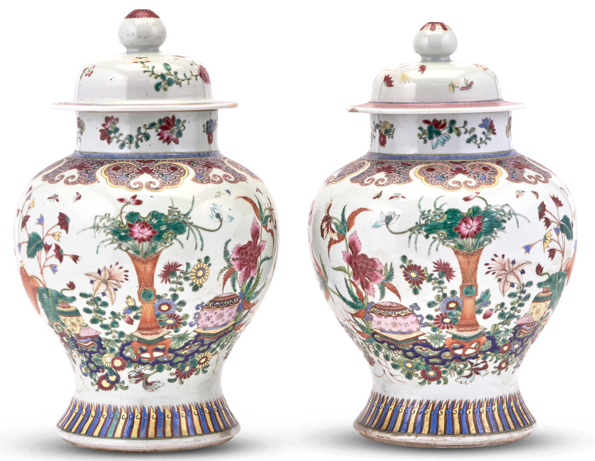Lot image - A Pair of Chinese Enameled Porcelain Baluster Jars and Covers