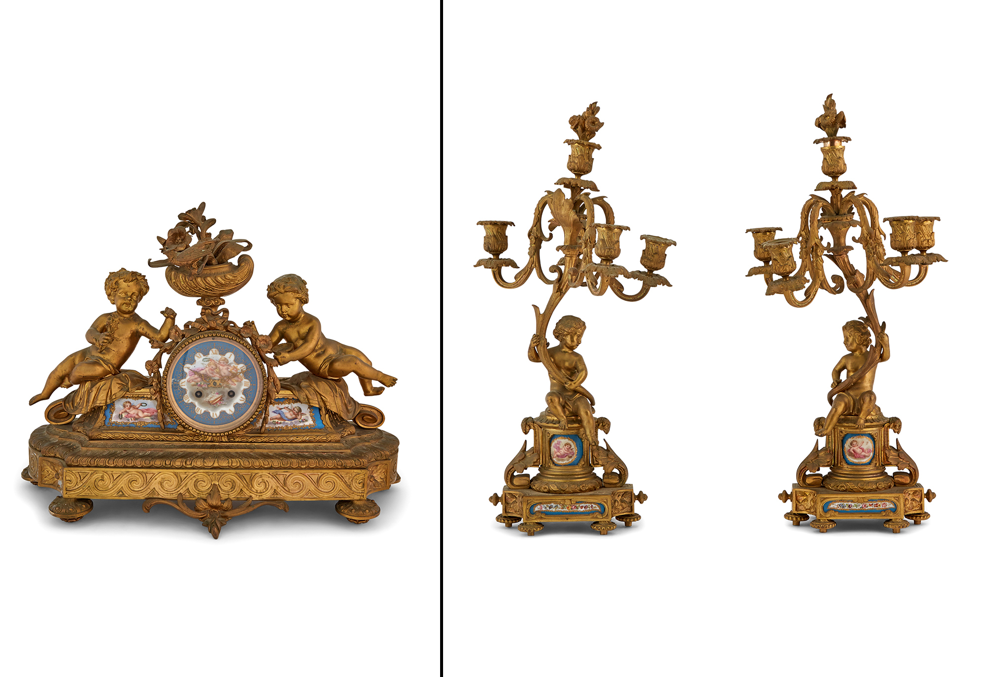 Lot image - Louis XV Style Gilt Bronze Clock Garniture
