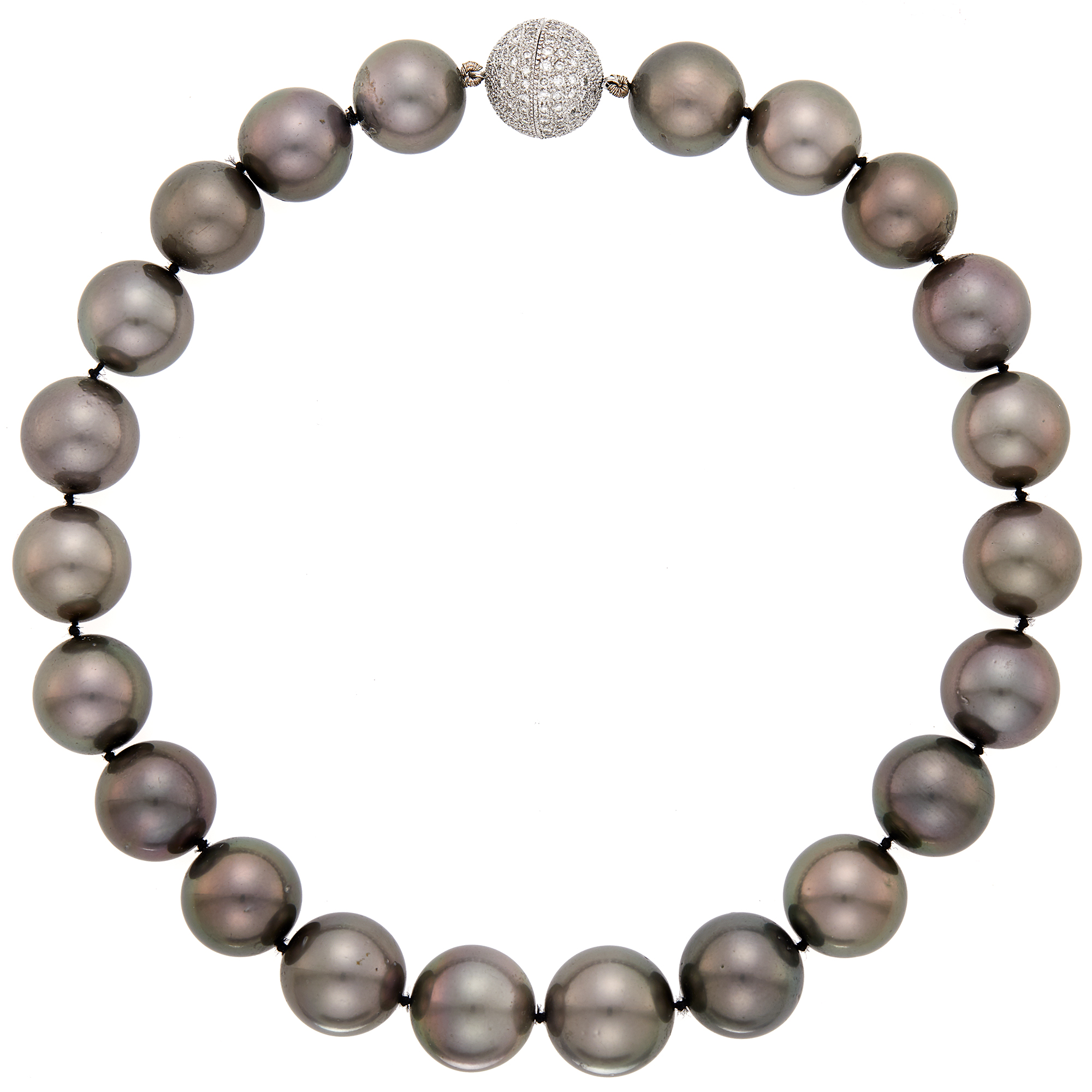 Lot image - Tahitian Gray Cultured Pearl Necklace with White Gold and Diamond Ball Clasp