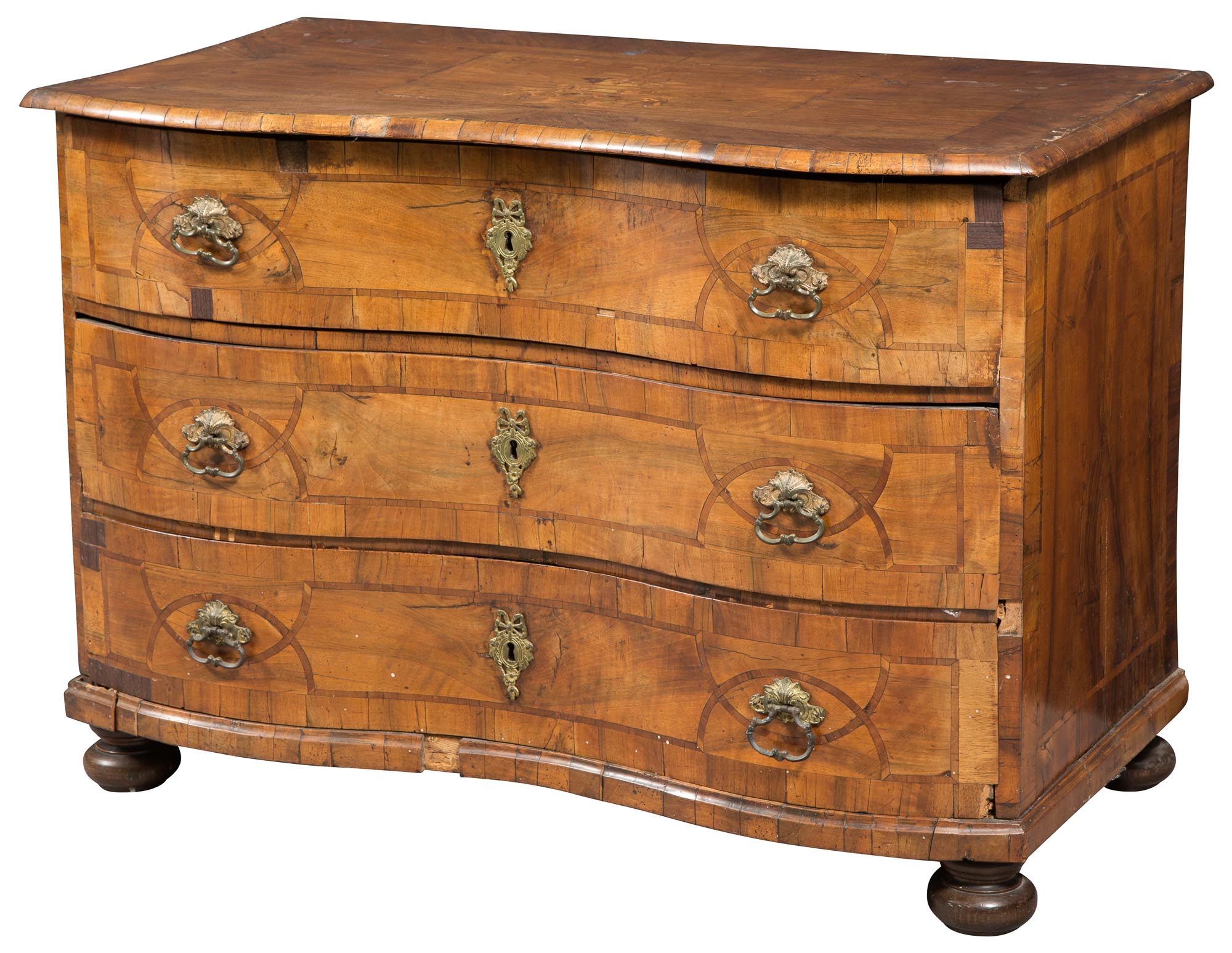 Lot image - Continental Baroque Inlaid Walnut and Marquetry Commode