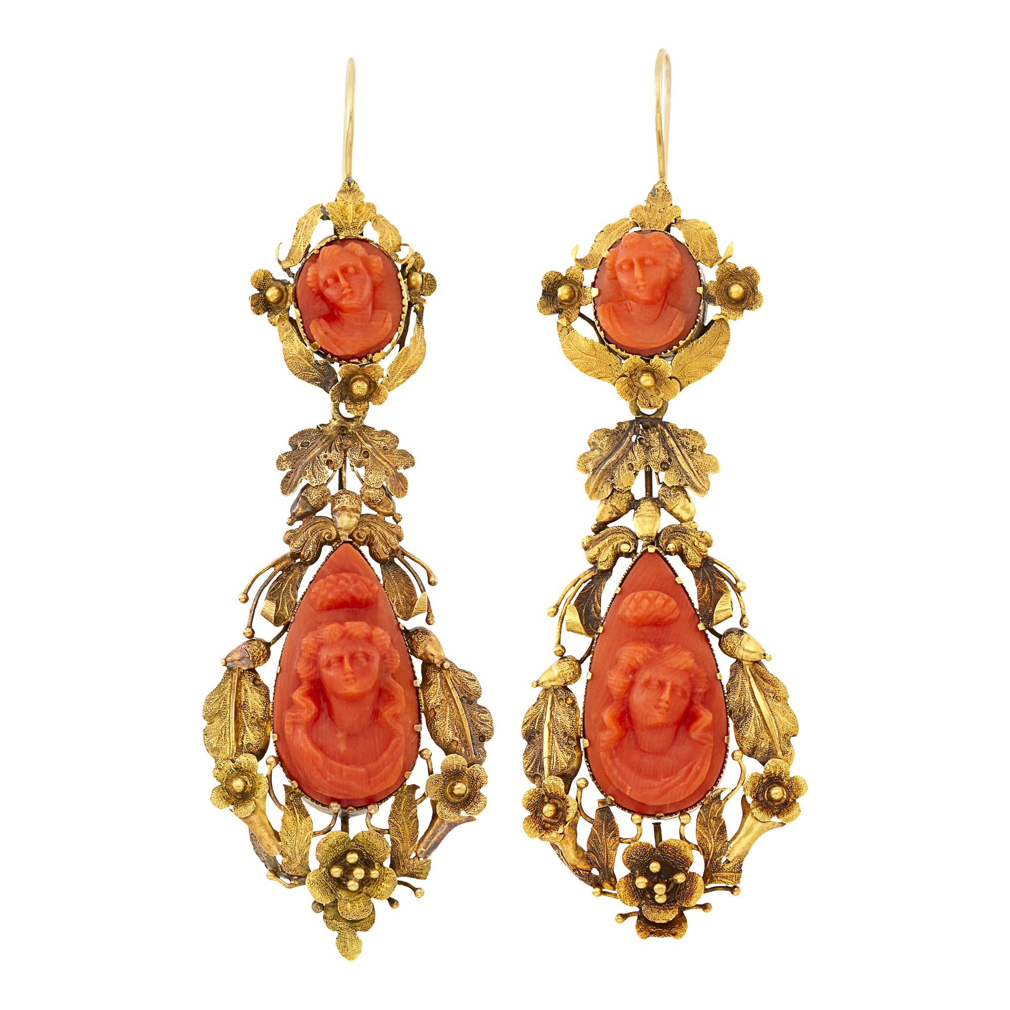Lot image - Pair of Antique Gold and Coral Cameo Pendant-Earrings