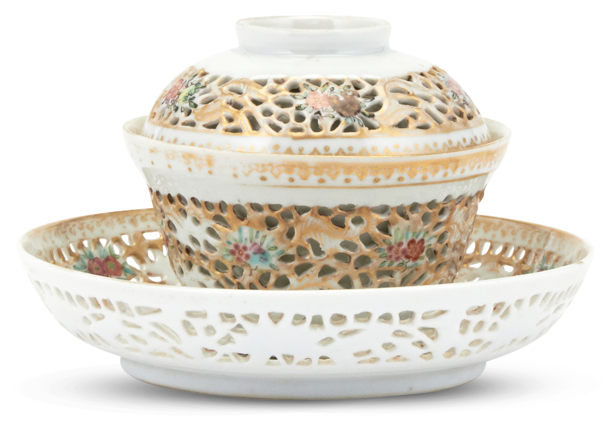 Lot image - A Fine Chinese Reticulated Porcelain Covered Bowl and Saucer Dish